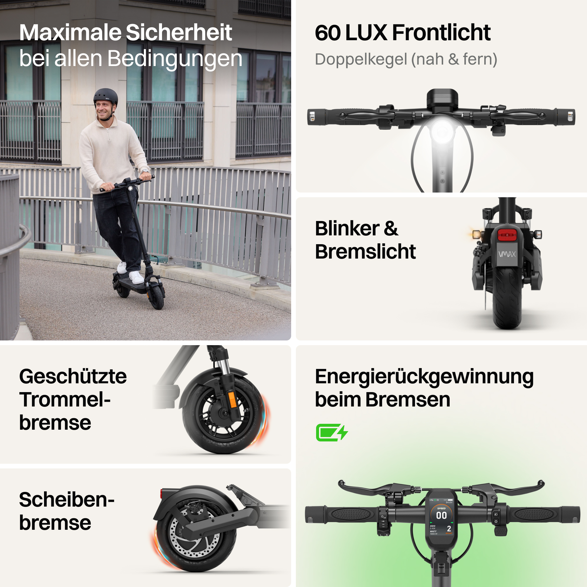 Elektroroller mit Mann, Frontlicht, Blinker, Trommel- und Scheibenbremse.