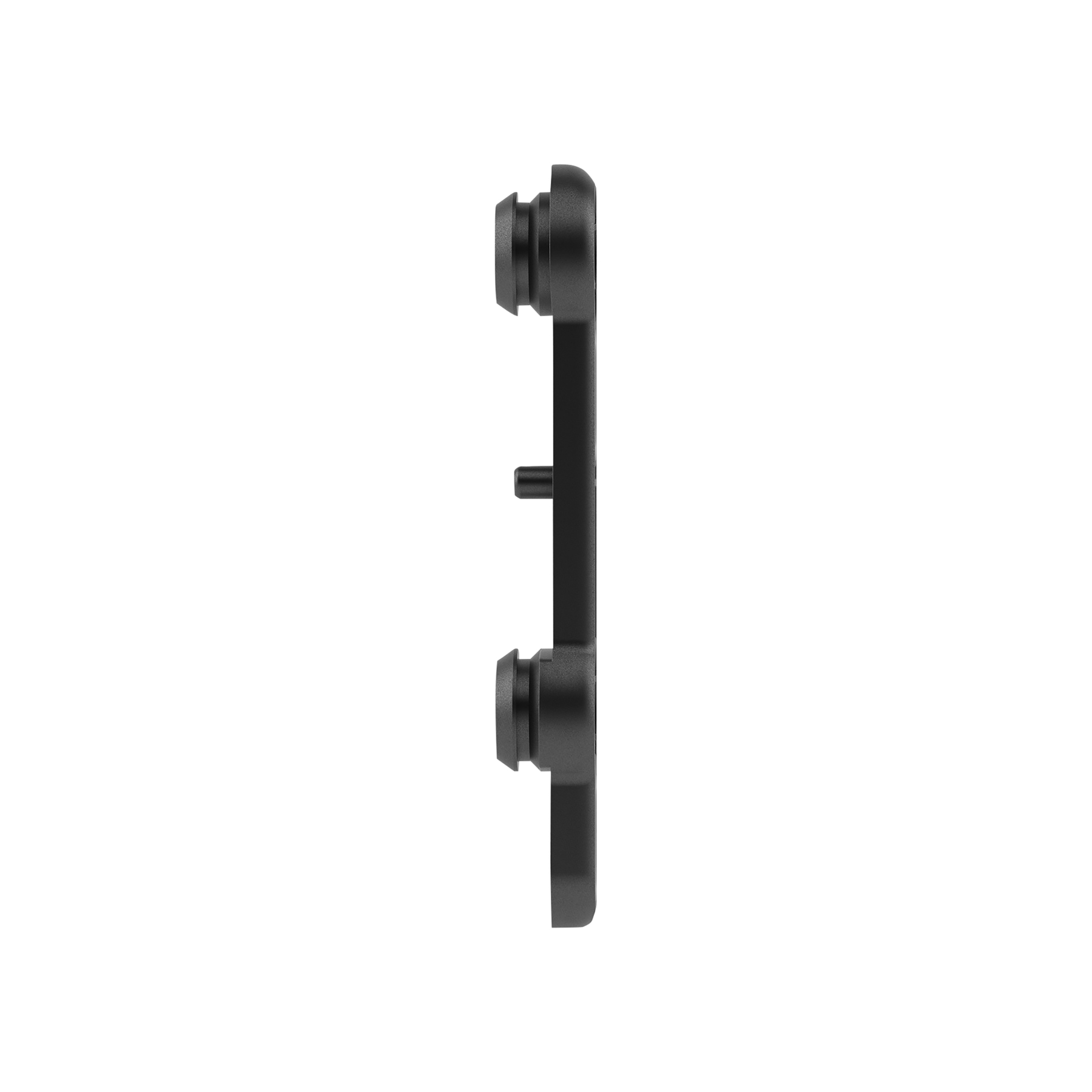Ein schwarzes Bauteil mit zwei Knöpfen und einer Stange, auf weißem Hintergrund.