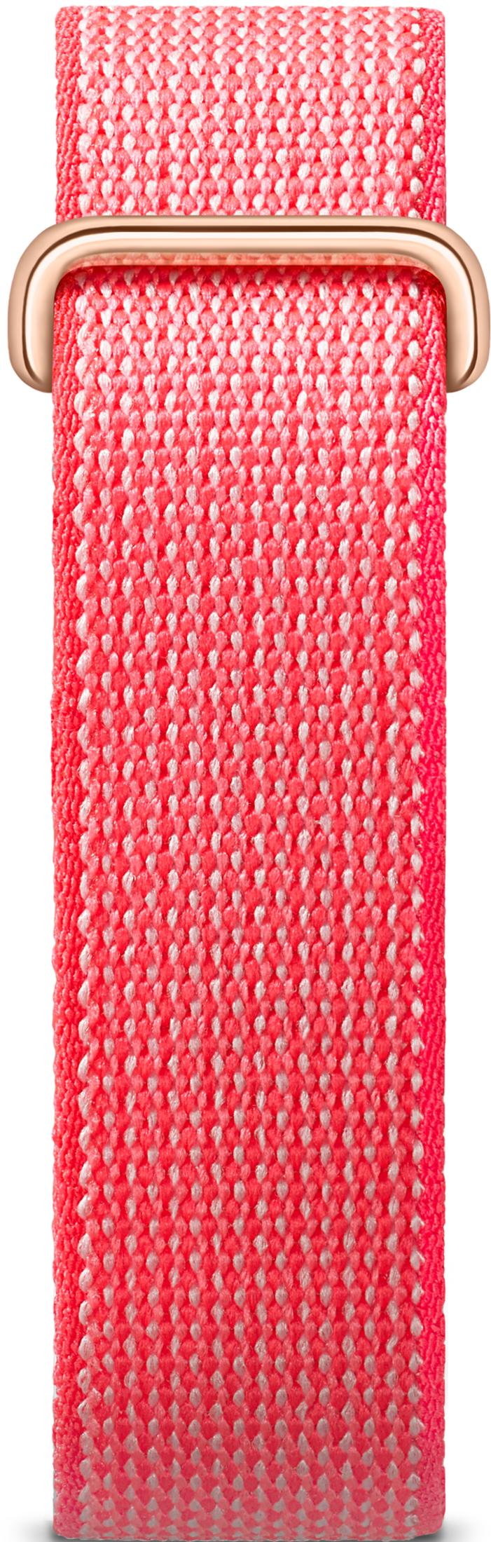 Beyaz aksanlı pembe dokuma saat bandı ve pembe altın tokası.