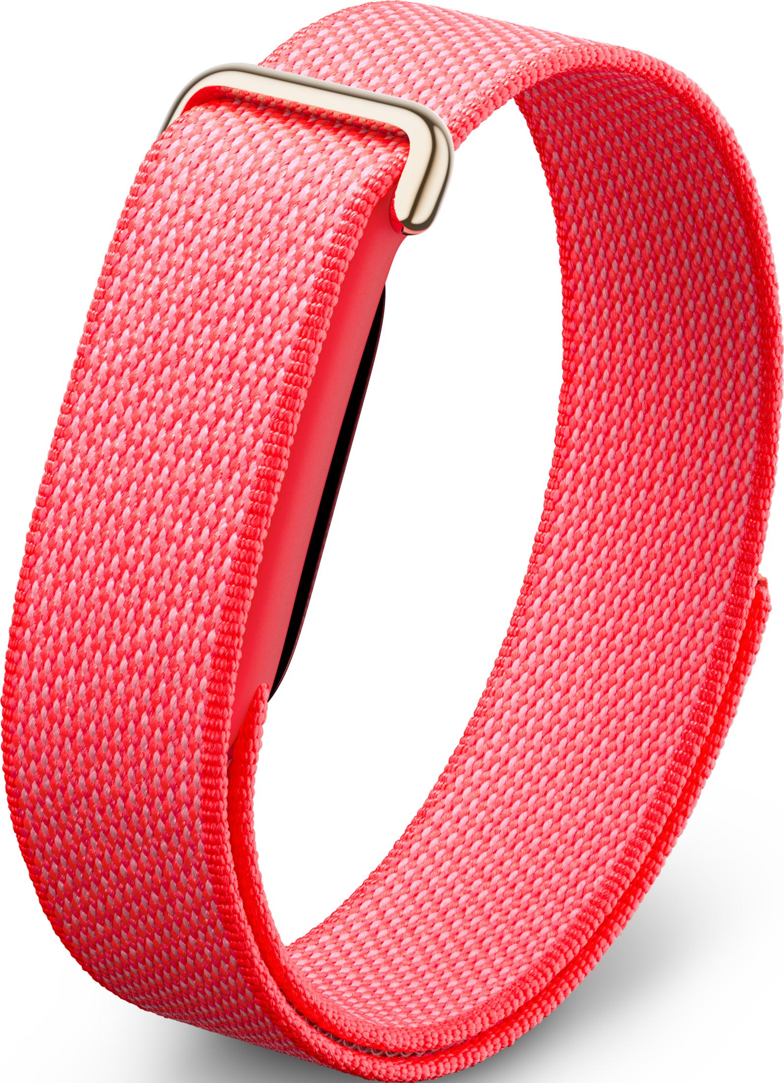 Ein rotes Stoffarmband mit einem goldenen Verschluss, das um ein unsichtbares Objekt gewickelt ist.