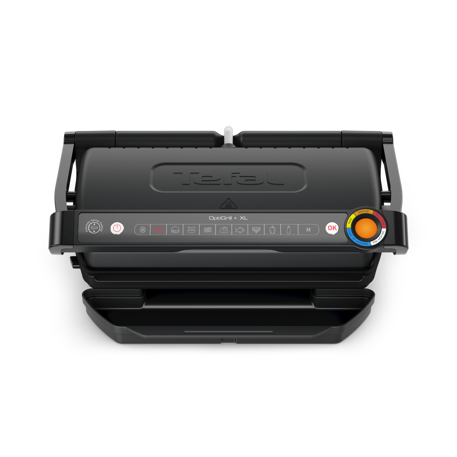 Ein schwarzer Tefal OptiGrill+ XL Elektrogrill mit Kochprogrammen und Temperaturregler.