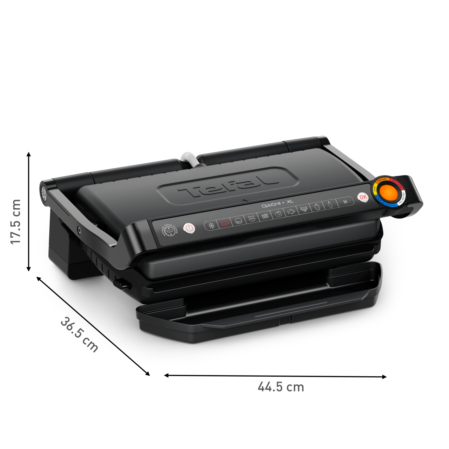 Schwarzer Tefal OptiGrill + XL mit Kochindikator und Maßen 44.5x36.5x17.5cm.