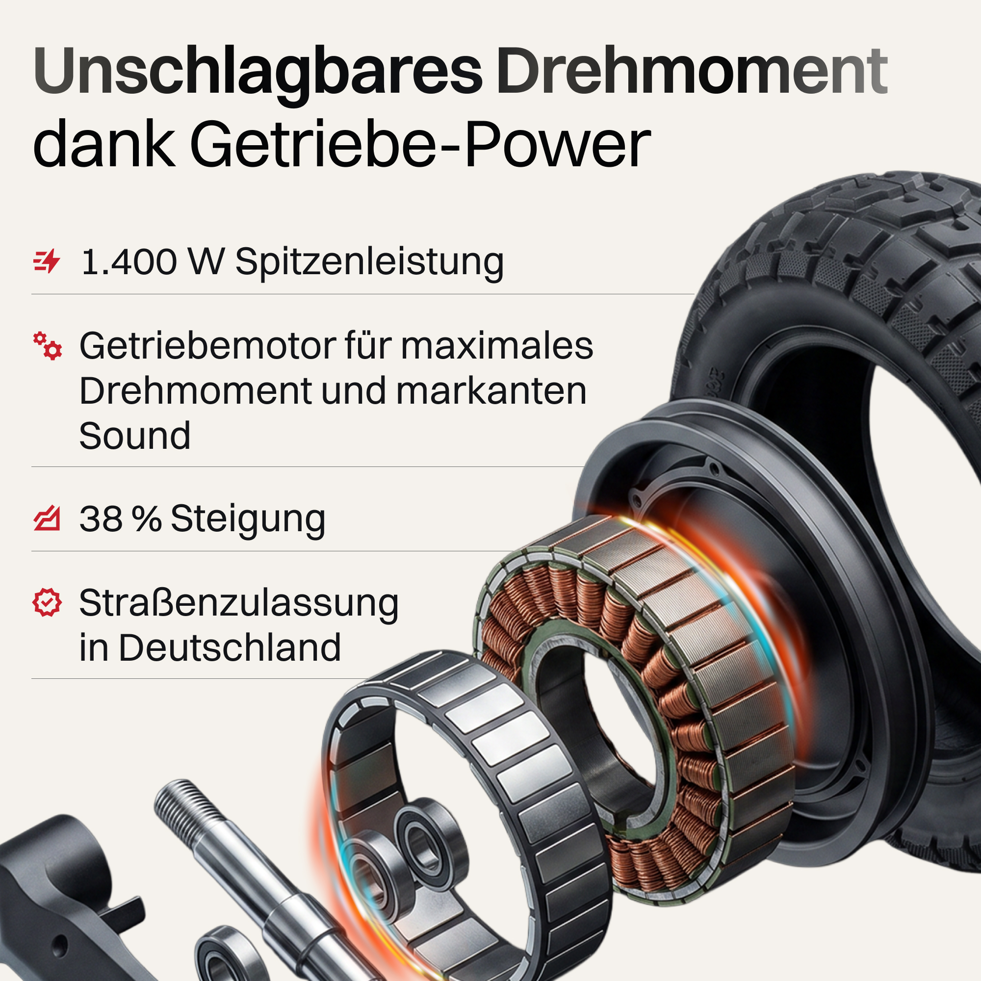 Explosionszeichnung eines Elektromotors mit Reifen und Bauteilen.