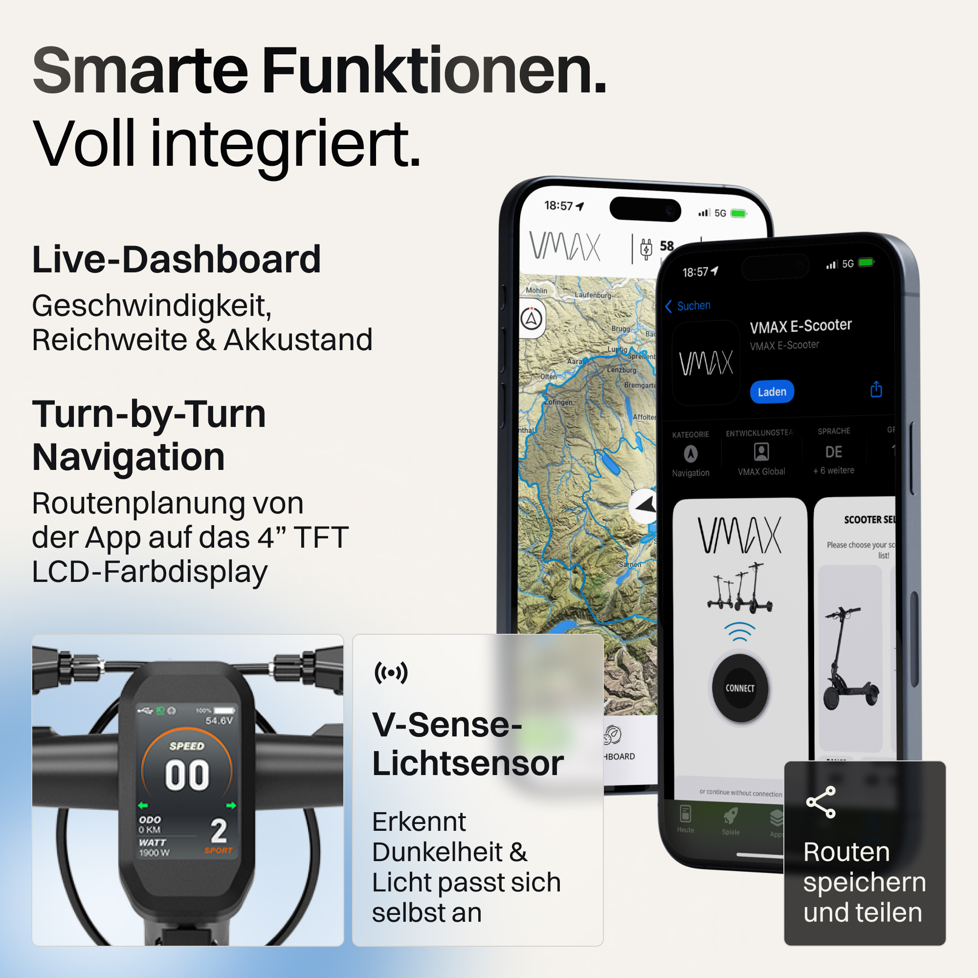 Bildschirm mit E-Scooter-App, Navigation und Tachoanzeige.
