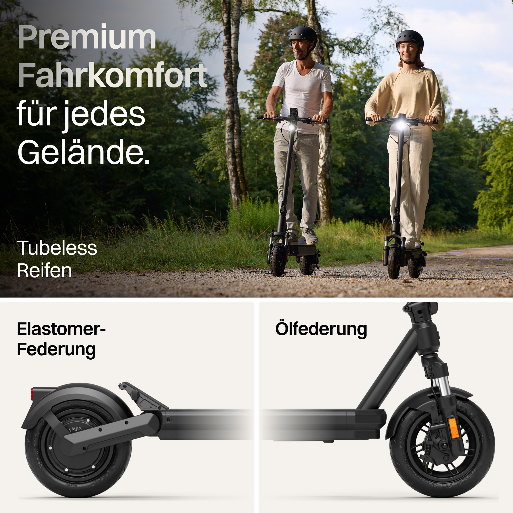 Zwei Personen fahren E-Scooter im Freien, mit Fokus auf Reifen und Federung.