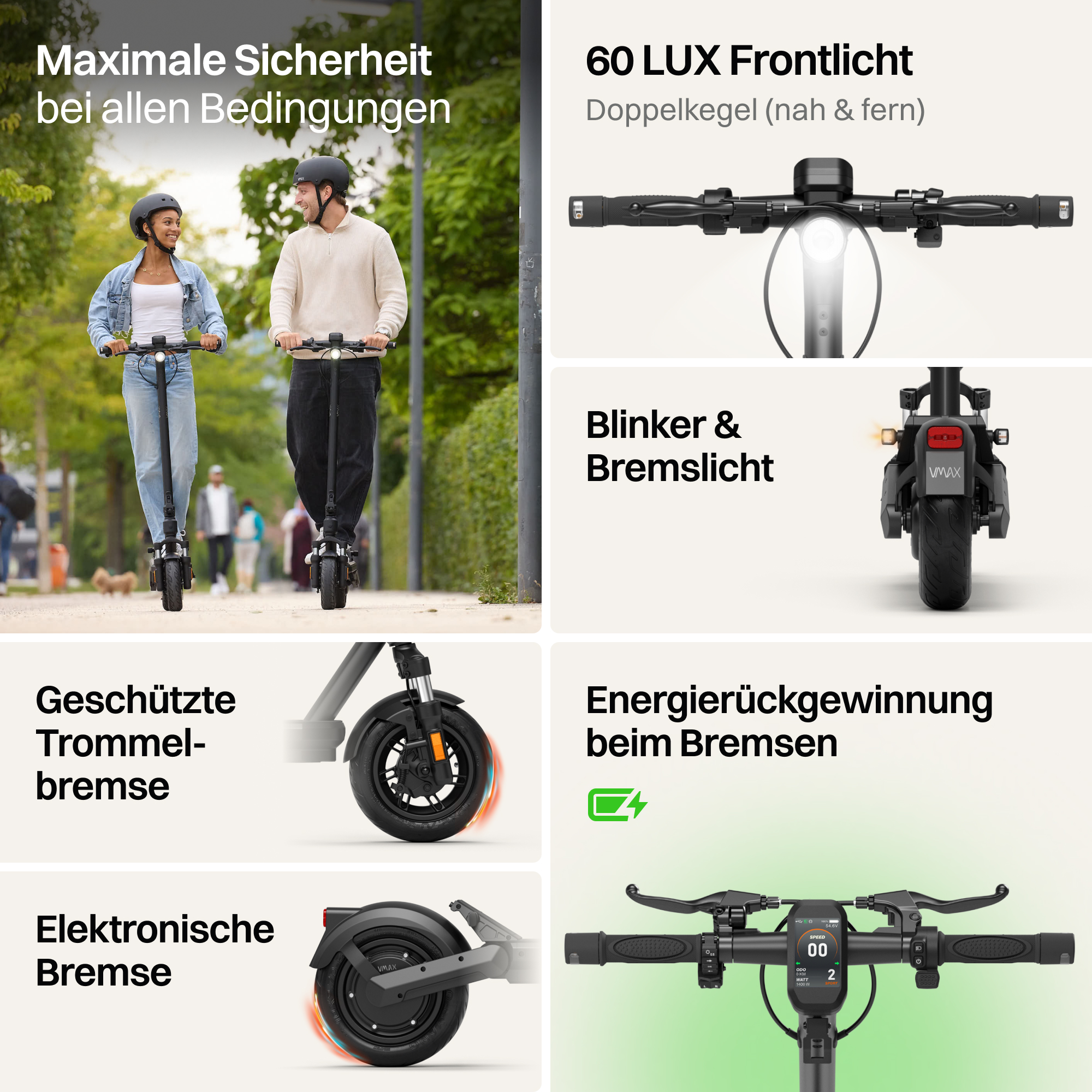 Zwei Personen fahren E-Scooter, Details zu Bremsen, Licht und Energierückgewinnung.