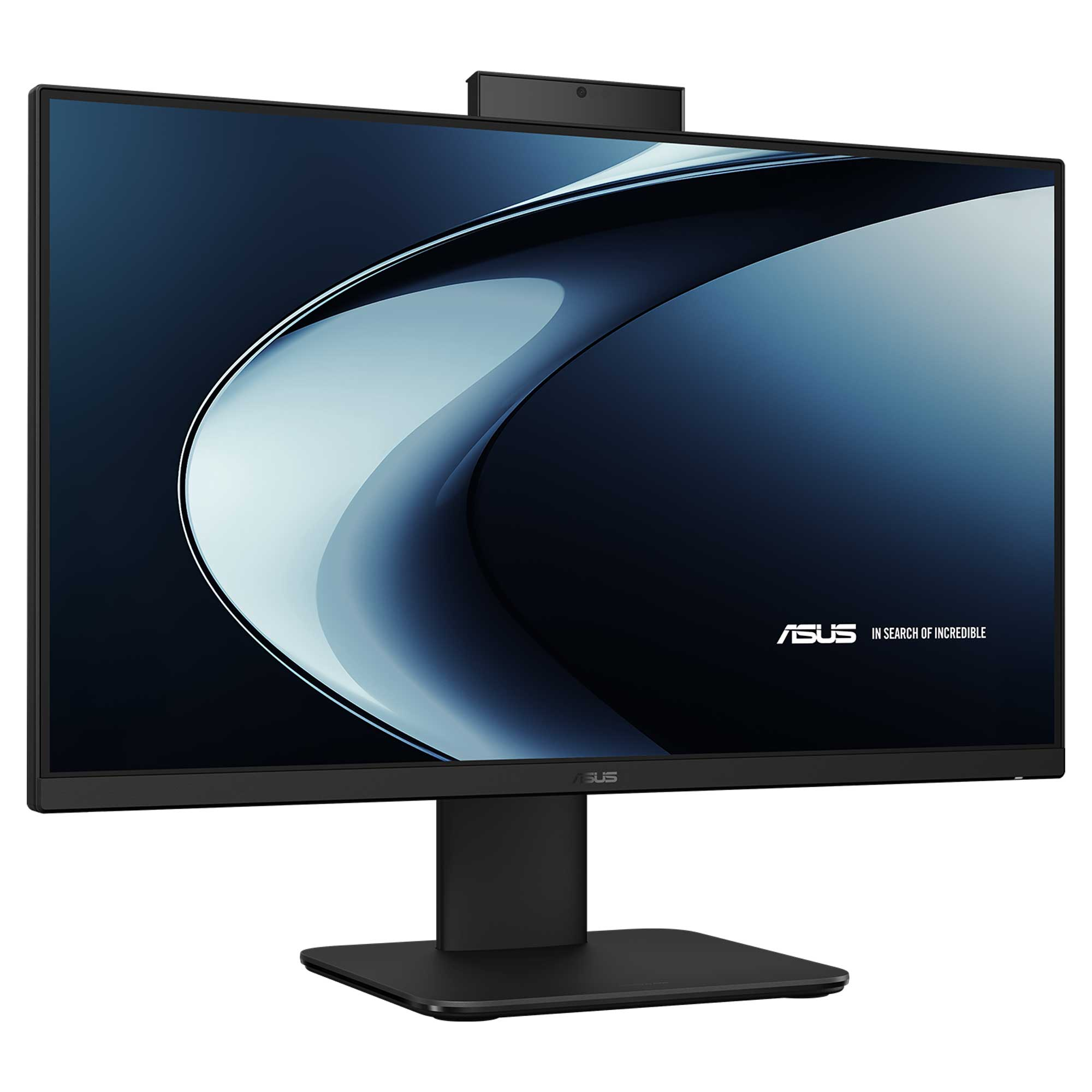 Üstte web kamerası bulunan, stilize edilmiş mavi arka plana sahip siyah bir Asus monitör.