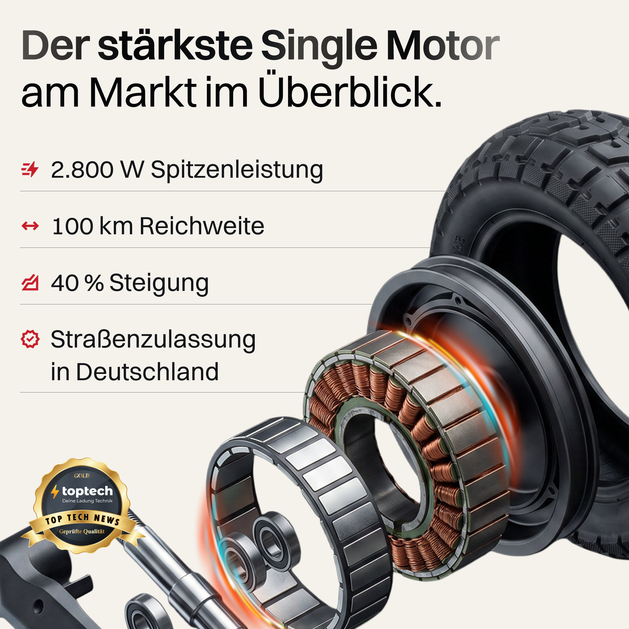 Ein Motor-Detail mit Spezifikationen: 2.800W, 100km Reichweite, 40% Steigung.