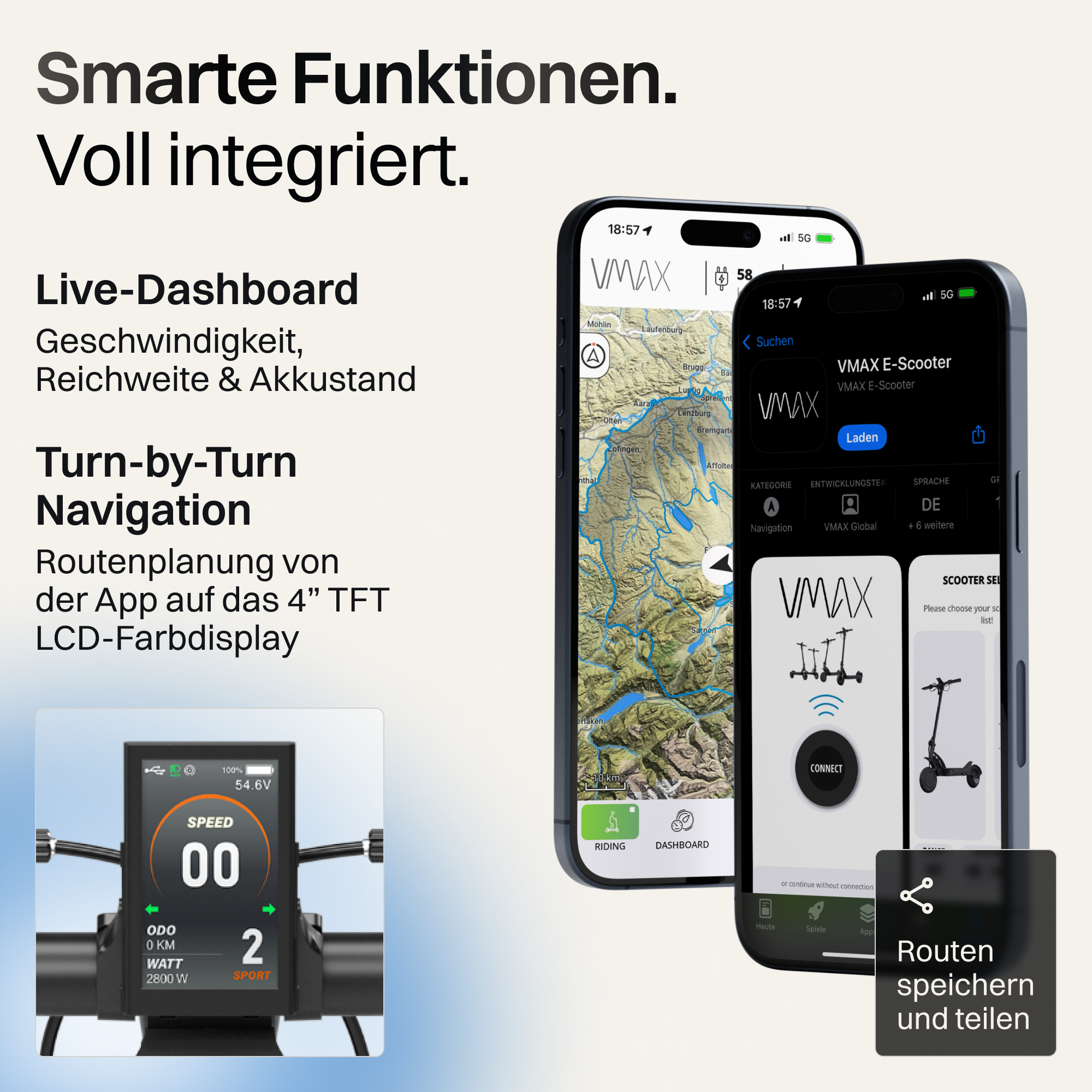 VMAX E-Scooter App zeigt Navigation, Geschwindigkeit und Ladezustand.