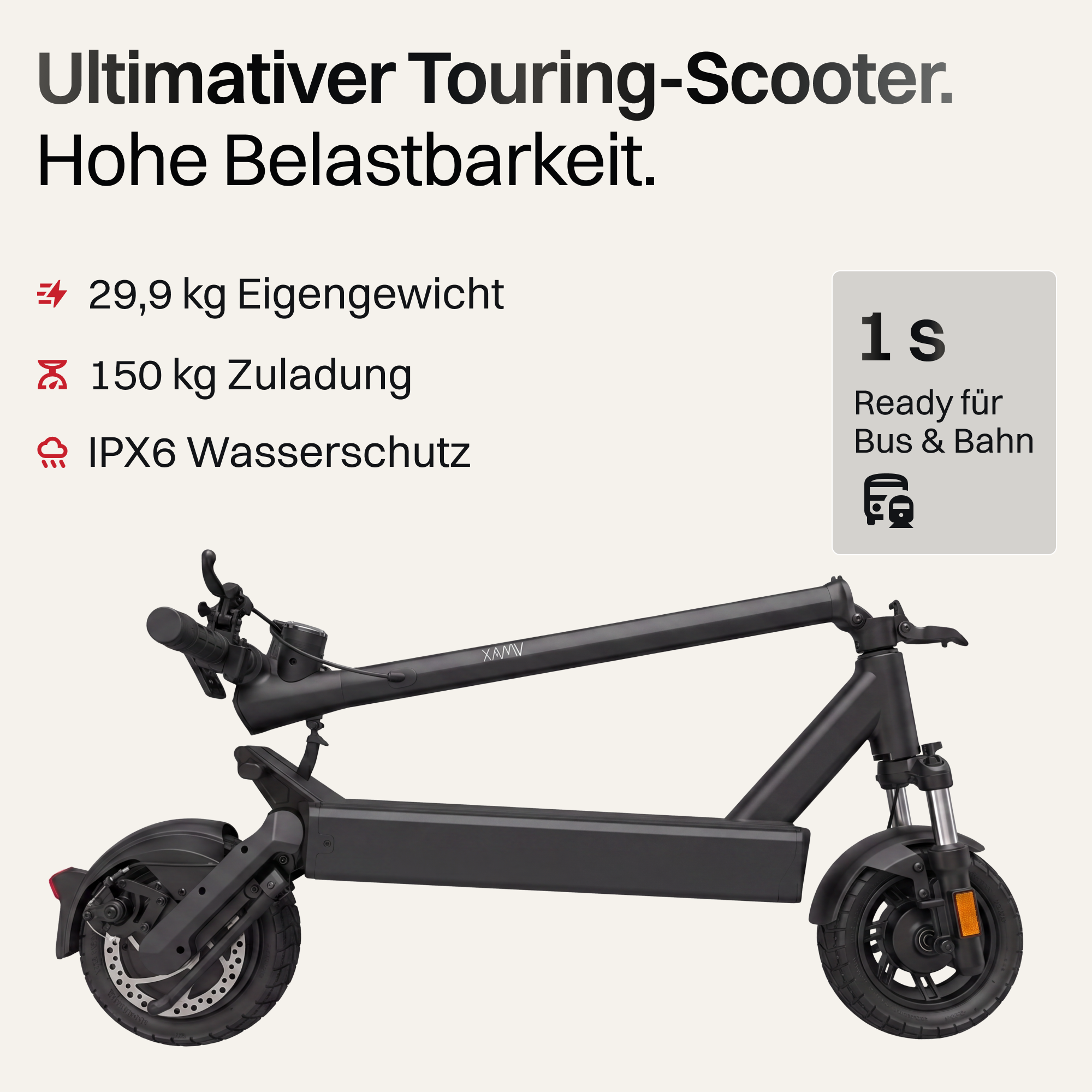 Schwarzer E-Scooter mit Text zu Gewicht, Zuladung und Wasserschutz.