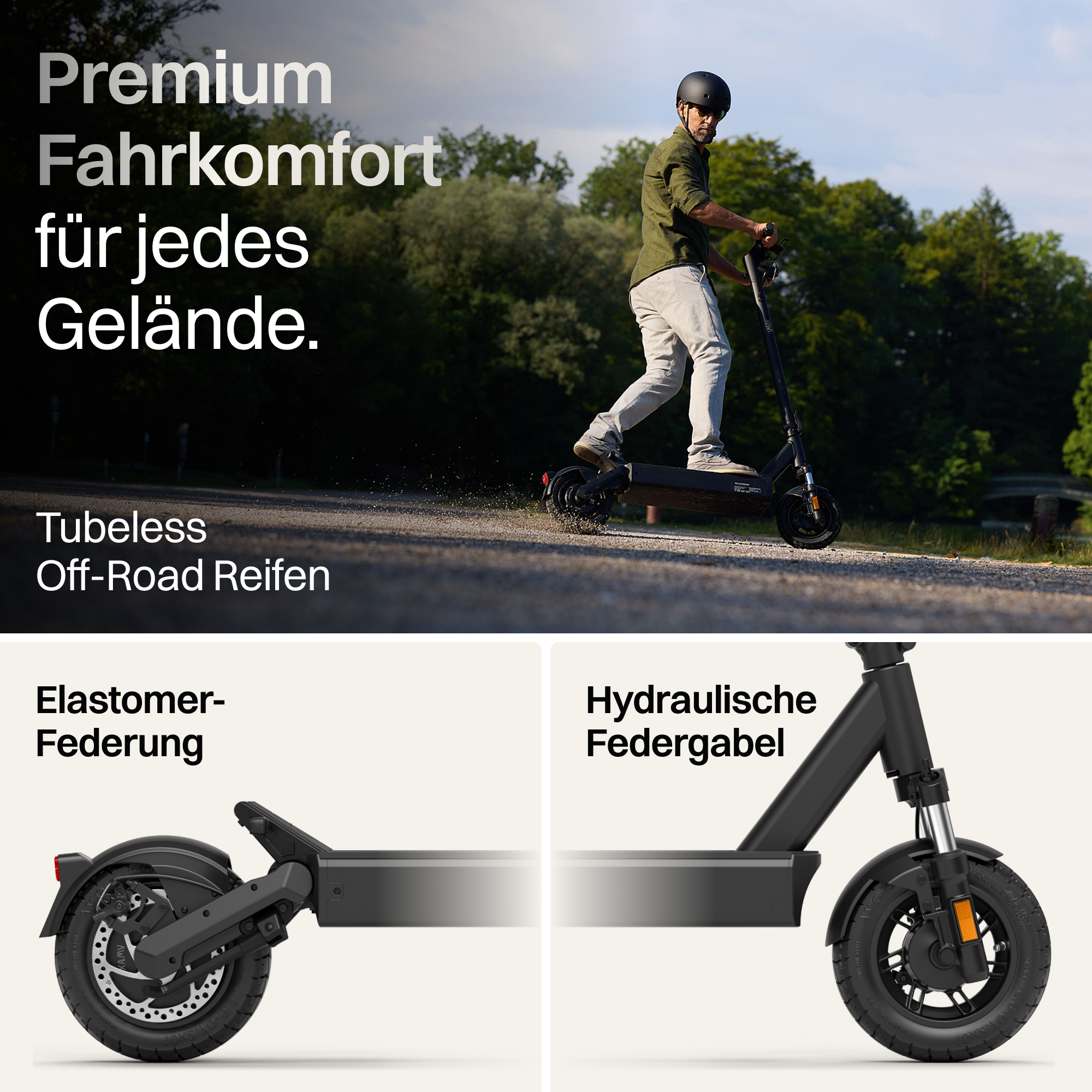 Mann fährt E-Scooter im Freien mit Text über Komfort und Reifen.