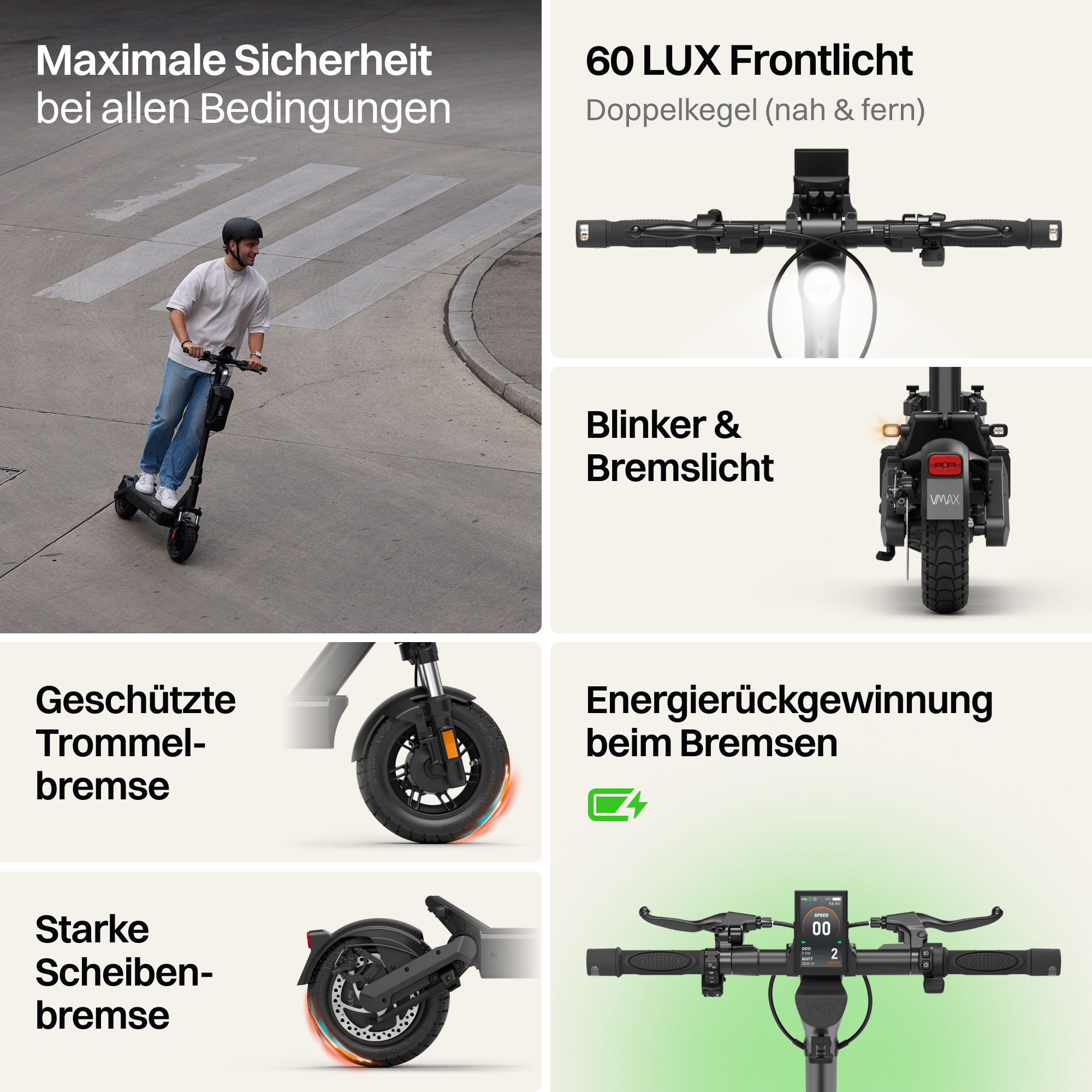 Ein Mann fährt E-Scooter mit Frontlicht, Blinkern, Trommel- und Scheibenbremsen.