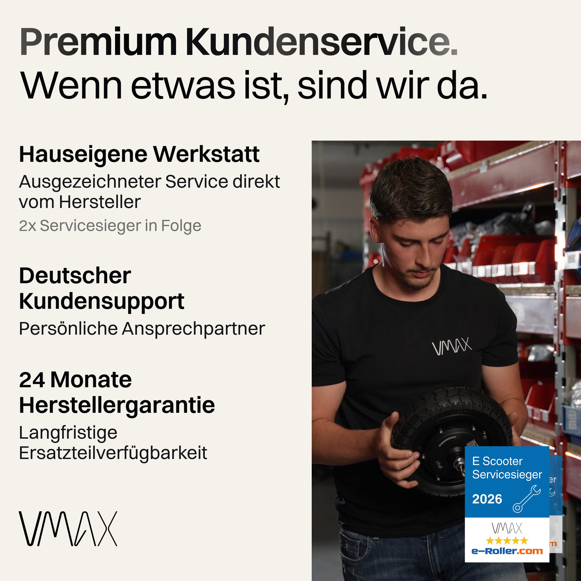 Mann im schwarzen Shirt hält Roller-Rad. Text wirbt für Premium-Service.