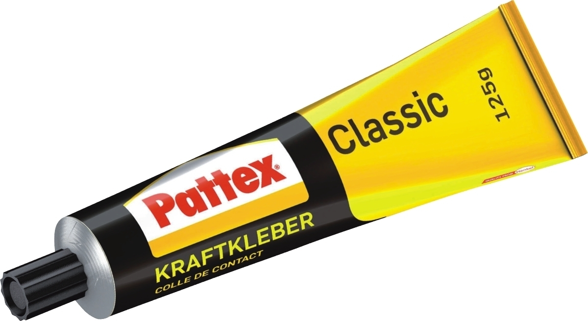 Eine gelbe Pattex-Klebstofftube mit schwarzem Deckel, Beschriftung Classic 125g.
