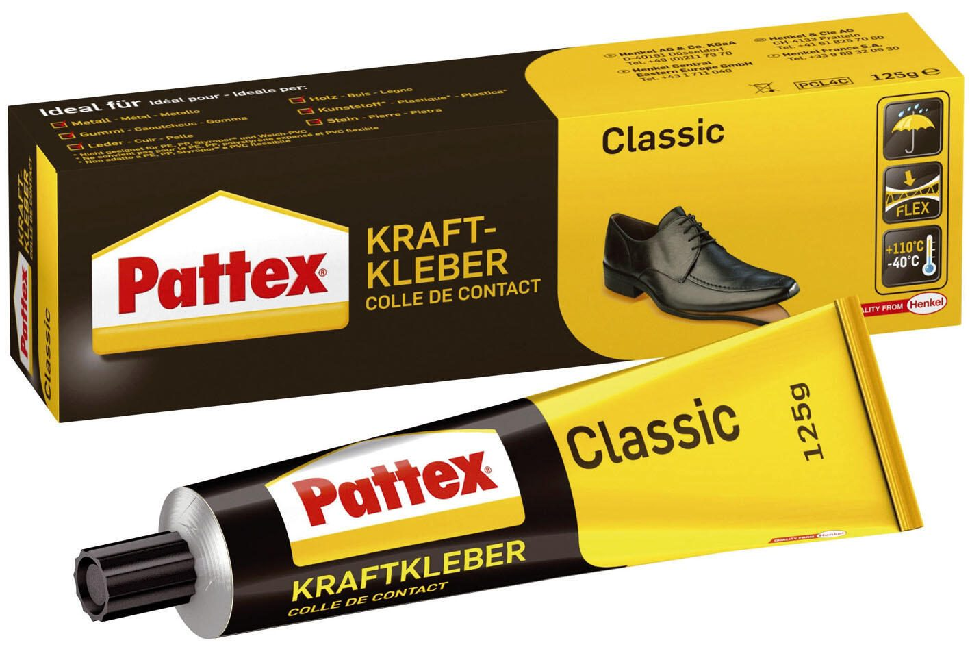 Pattex Classic Kraftkleber Tube und Karton mit Schuh und Symbolen, 125g.