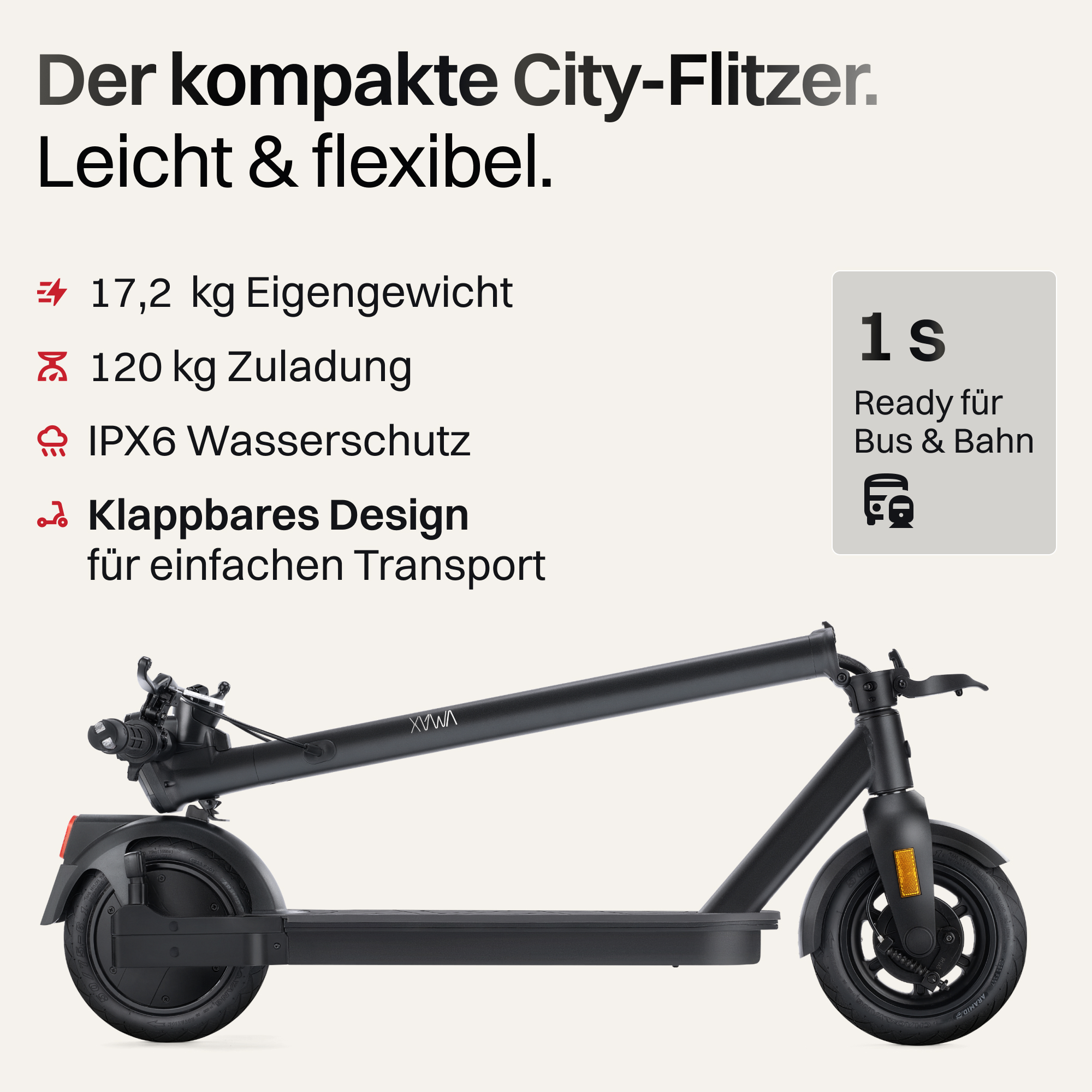 Trottinette électrique noire pliable, 17,2kg, charge 120kg, IPX6.