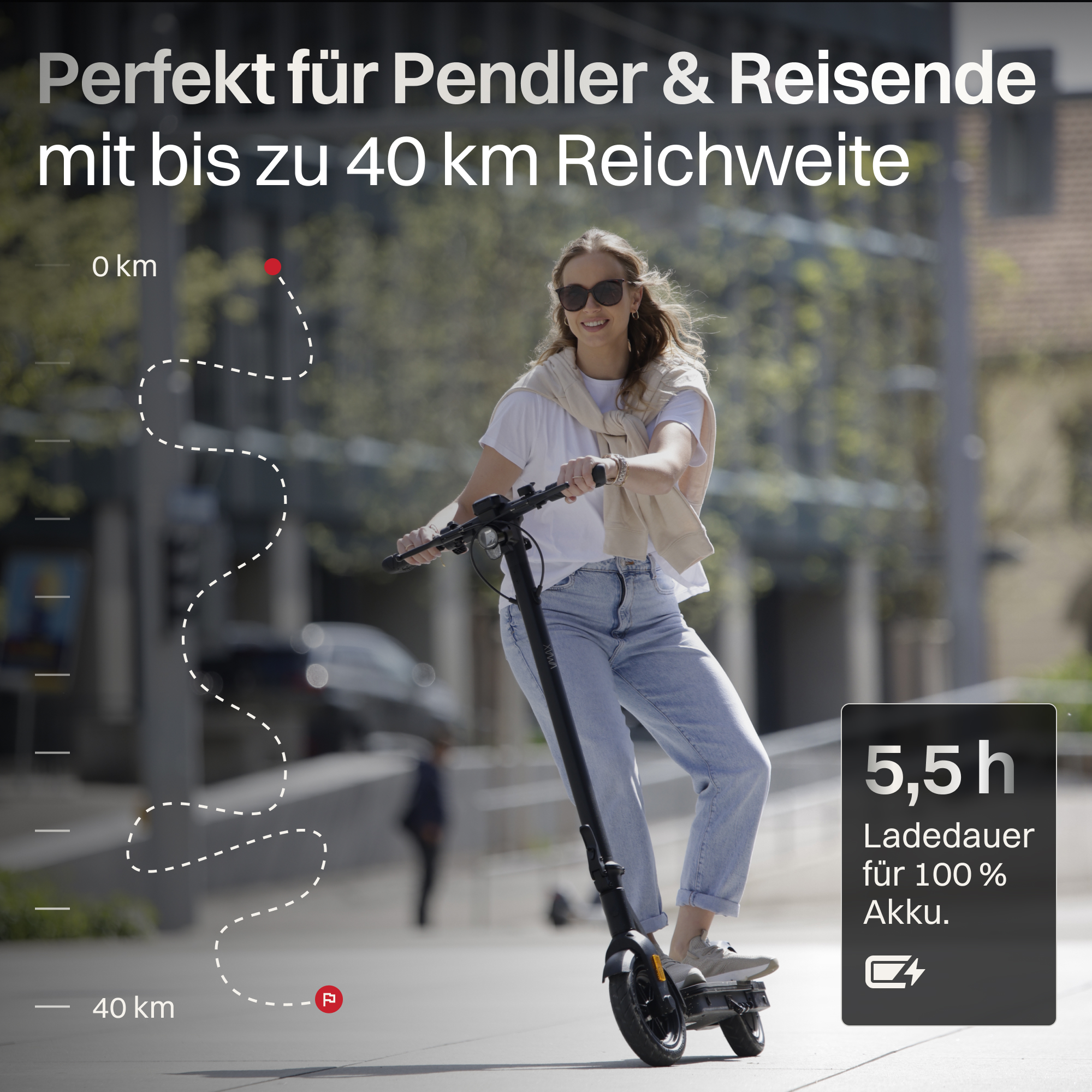 Jeune femme en trottinette électrique, autonomie 40 km, charge 5,5h.