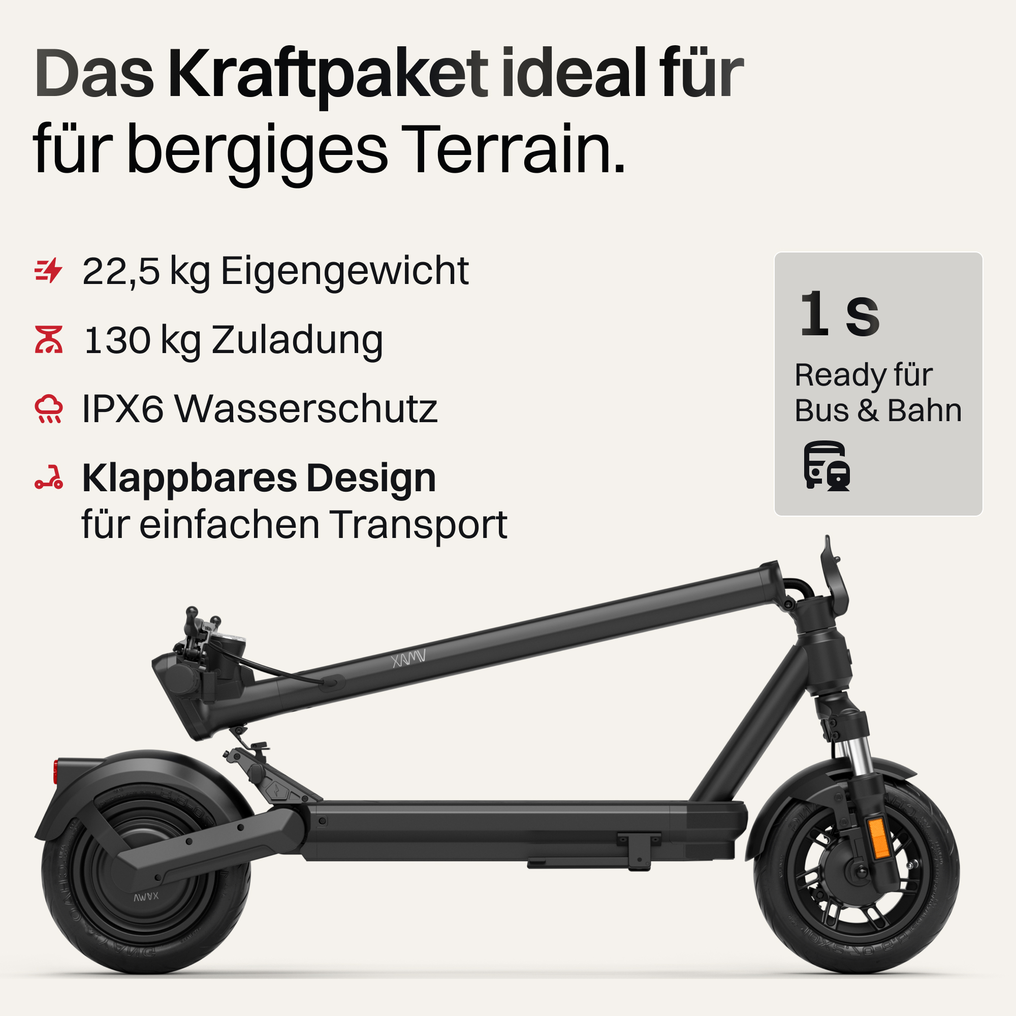 Schwarzer E-Scooter mit Klappfunktion, 22,5 kg, 130 kg Zuladung, IPX6 Wasserschutz.
