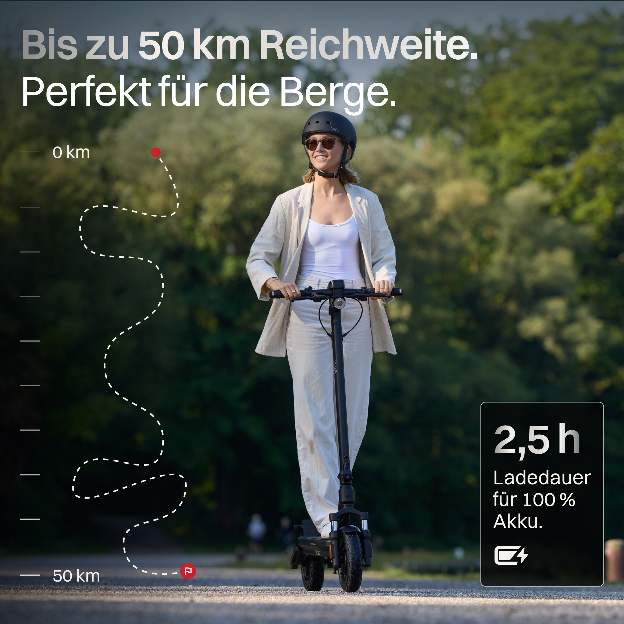 Eine Frau fährt einen E-Scooter im Freien, mit einer Reichweitenanzeige und Ladezeit.