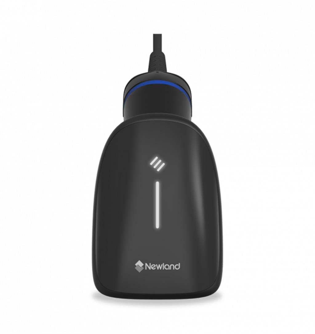 Uno scanner di codici a barre nero con anello blu e logo Newland.