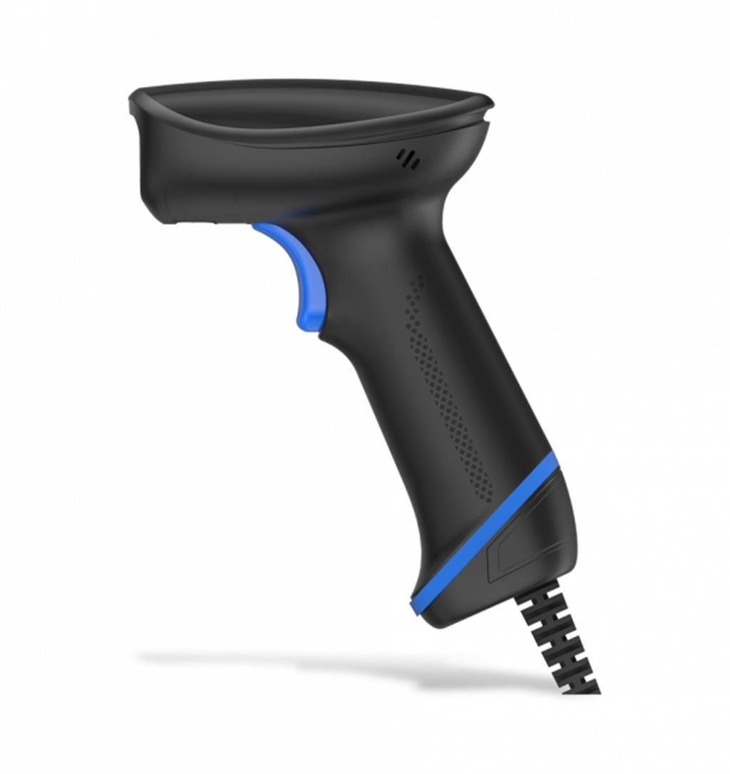 Uno scanner di codici a barre nero con grilletto blu e accenti blu su sfondo bianco.