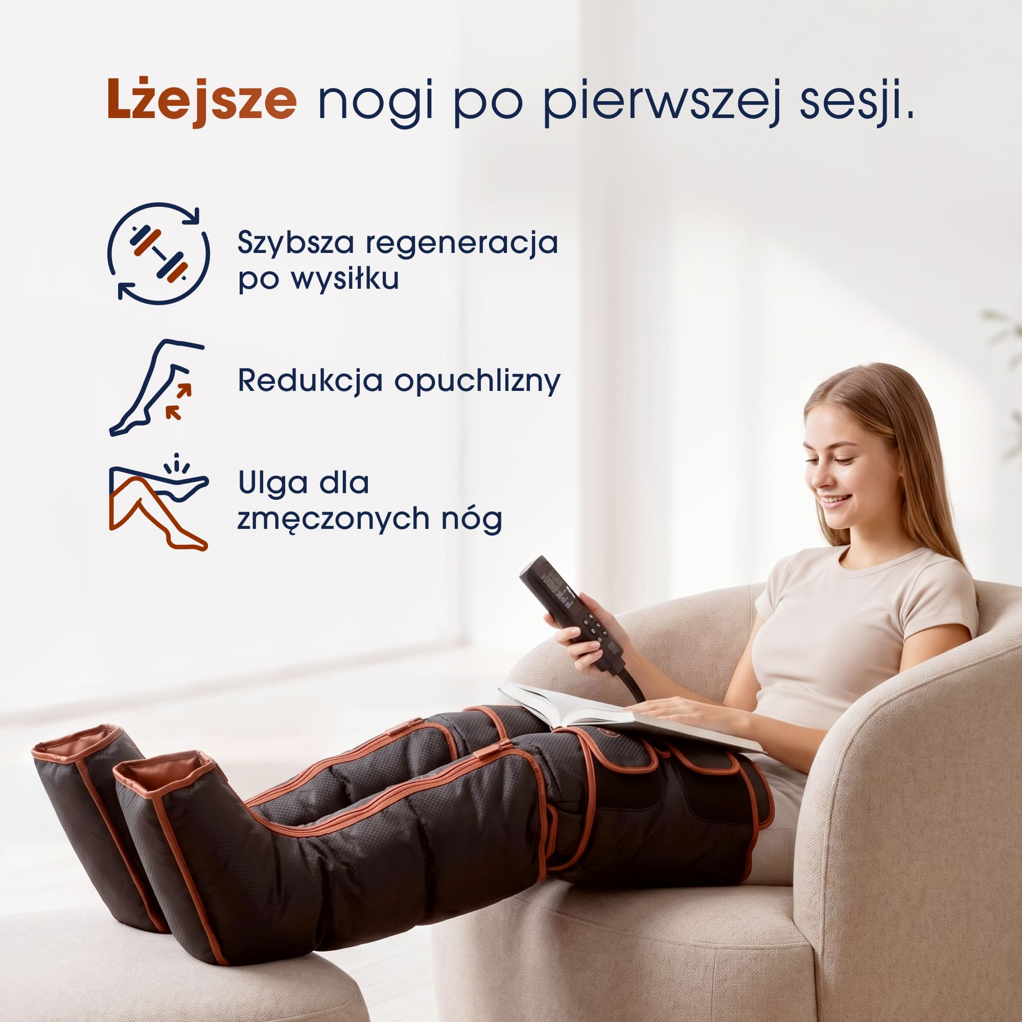 Kobieta w butach uciskowych na nogach czyta książkę.