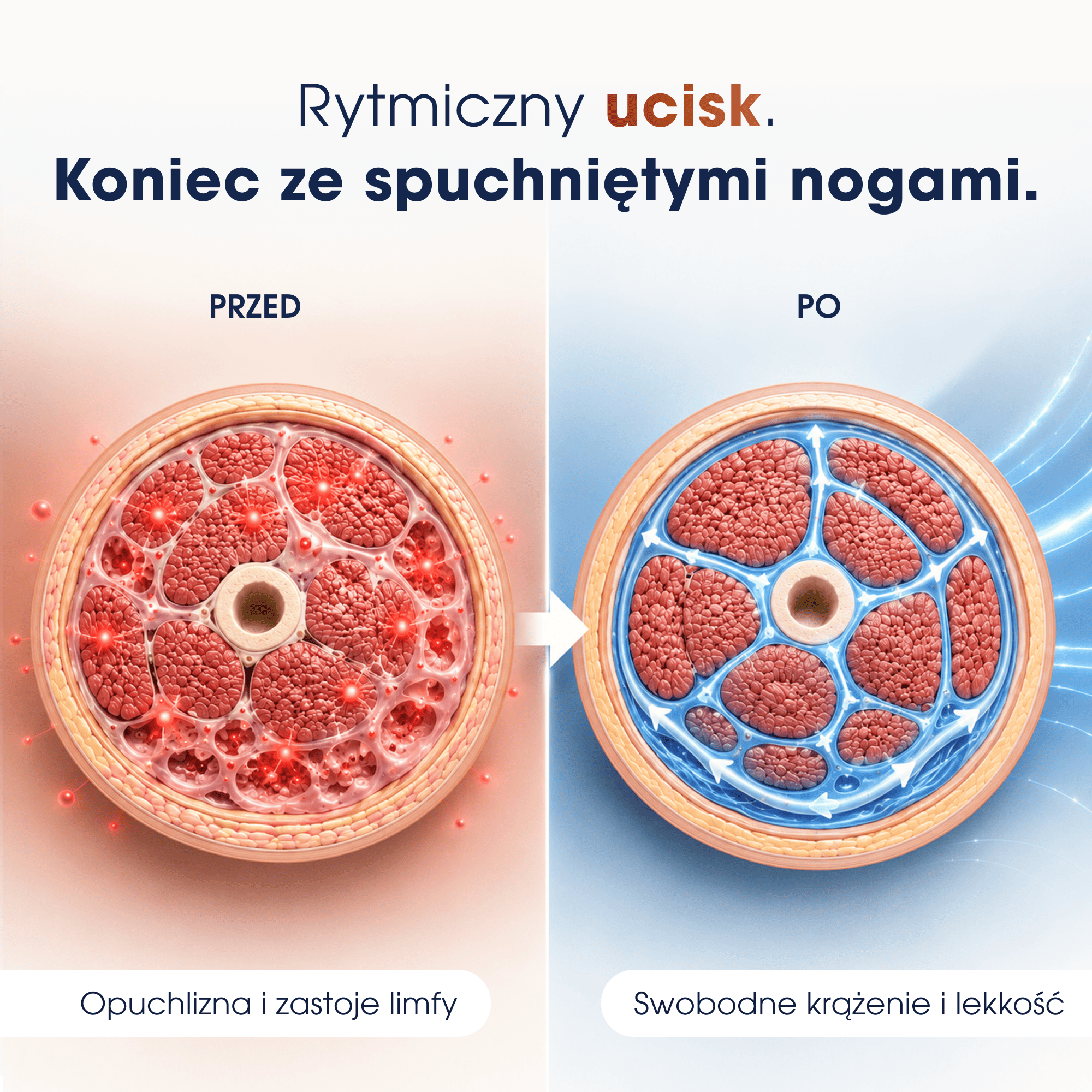 Przed: przekrój nogi z czerwonym obrzękiem. Po: z niebieskim krążeniem.