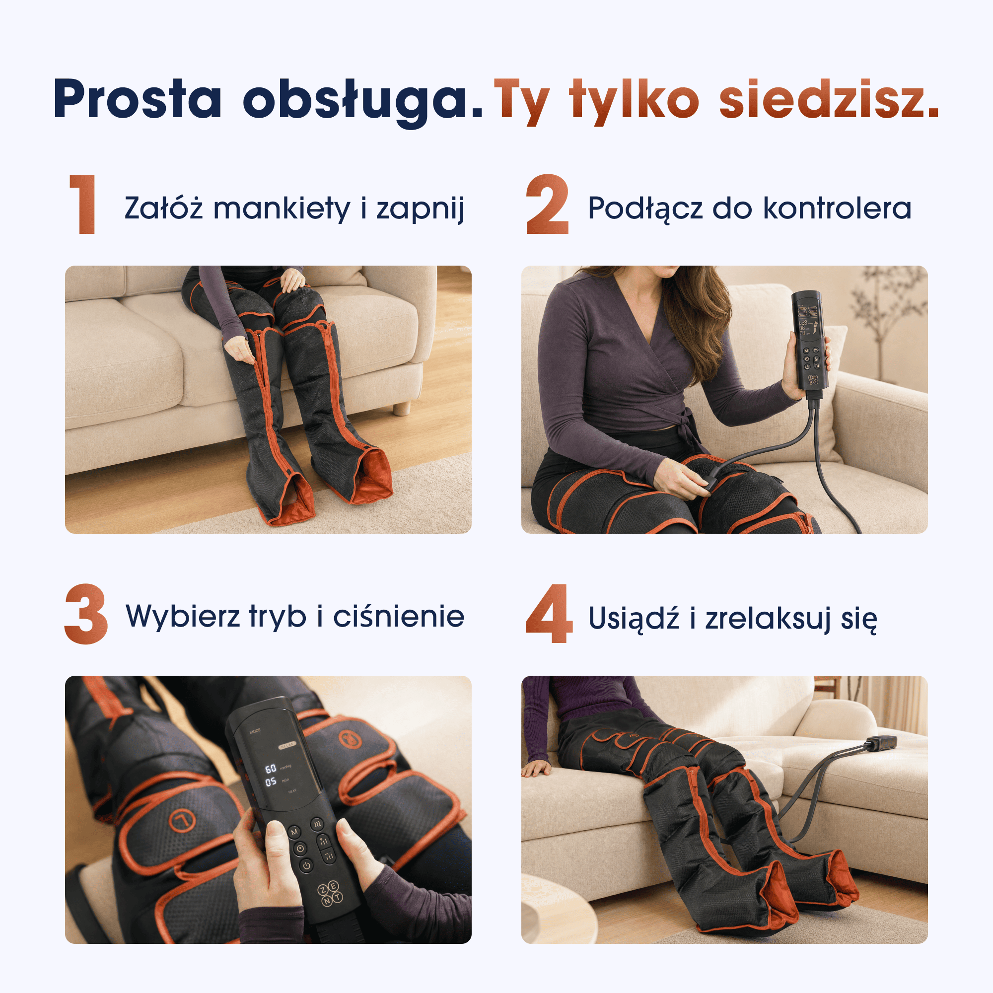 Cztery kroki do łatwego użycia masażerów do nóg.