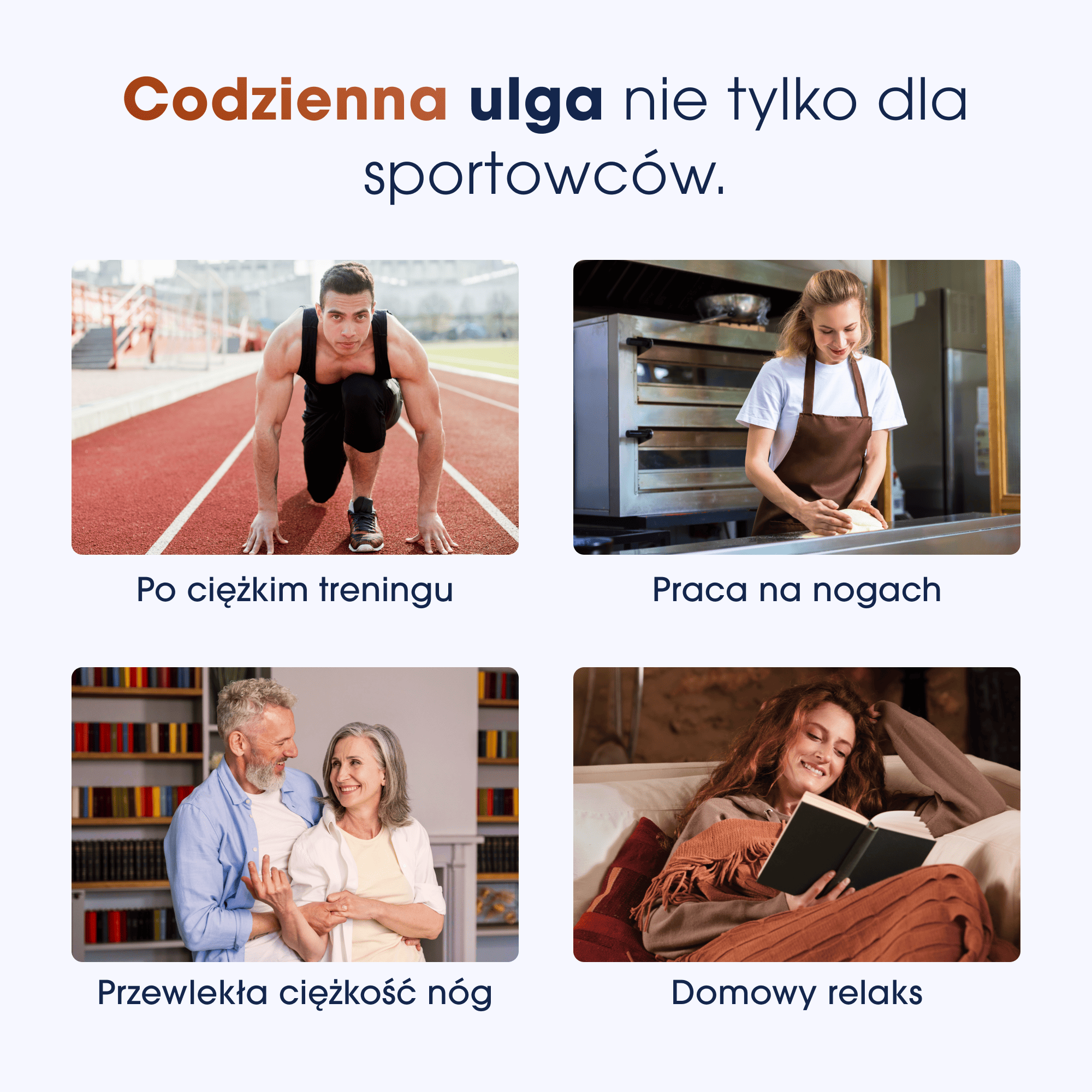 Biegacz na starcie, piekarz, starsza para, kobieta czyta.
