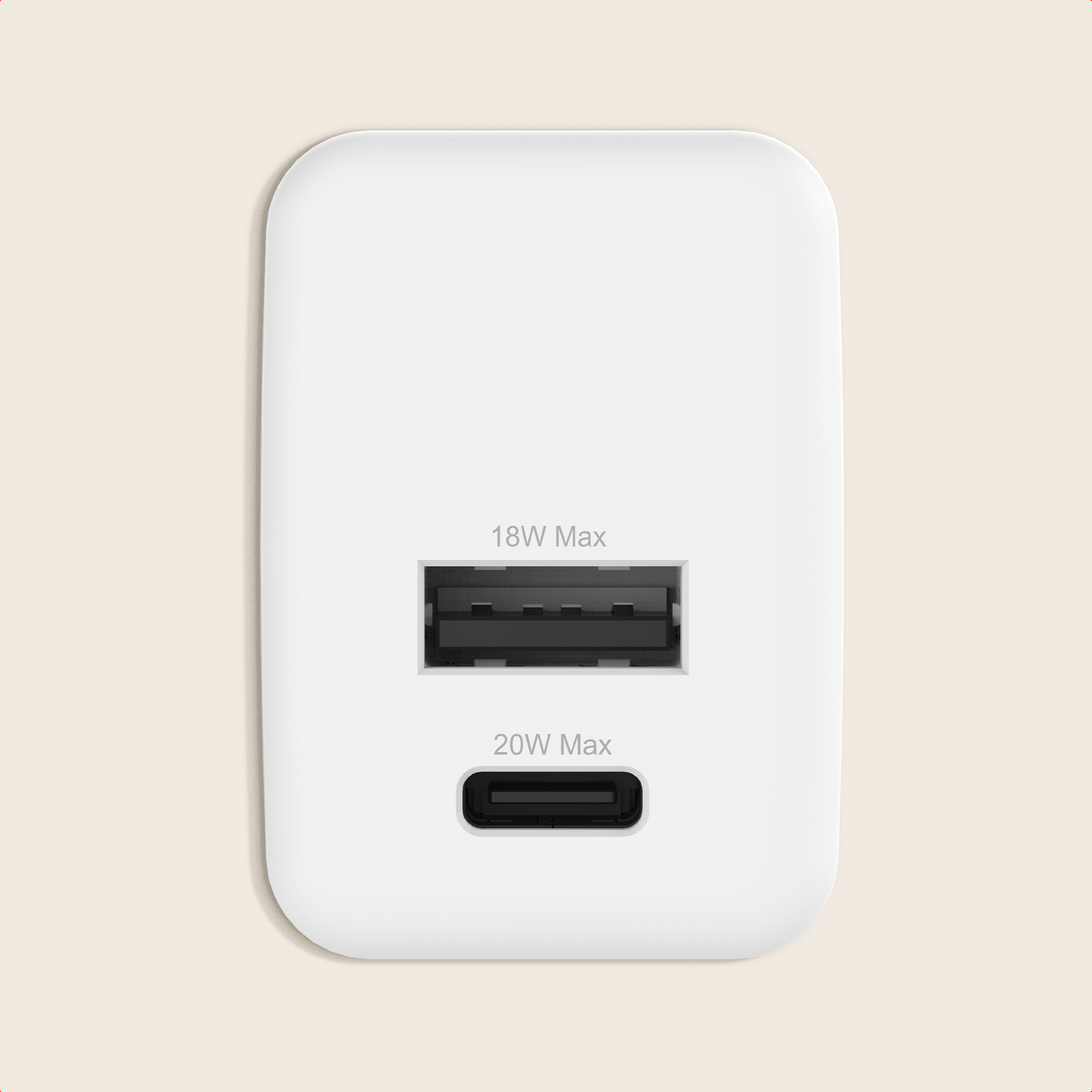 Ein weißes Ladegerät mit einem USB-A- und einem USB-C-Anschluss.