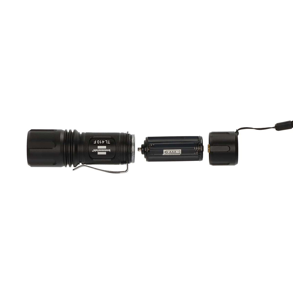 Schwarze Taschenlampe zerlegt: Gehäuse, Batteriehülse für AAA-Batterien, Kappe.