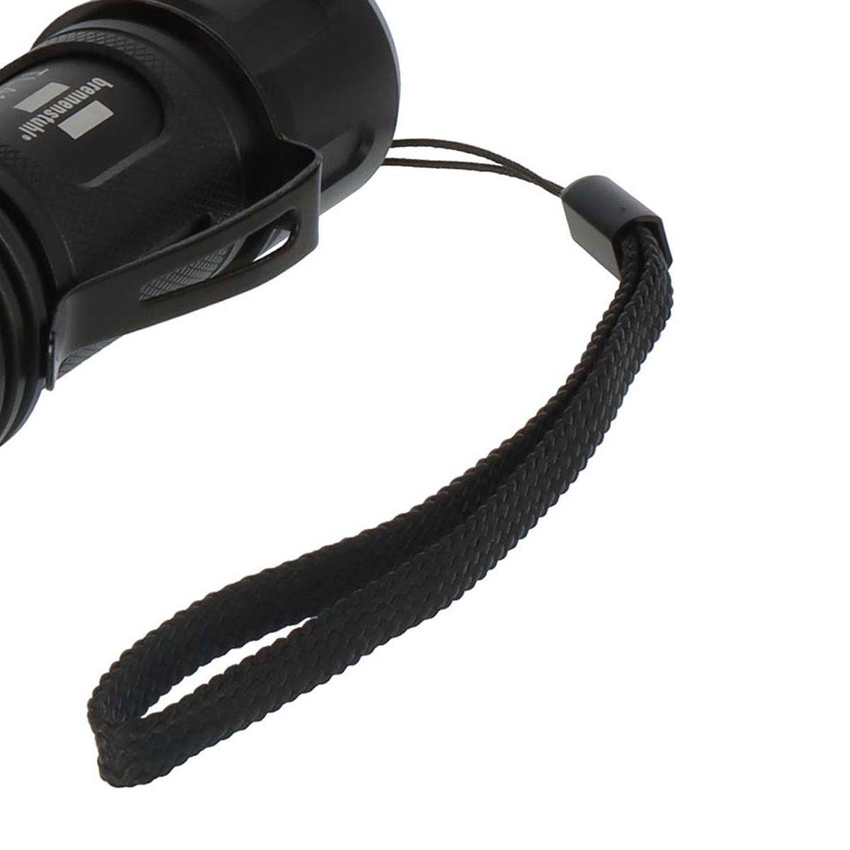 Schwarze Handschlaufe an einer Taschenlampe mit dem Schriftzug Brennenstuhl.