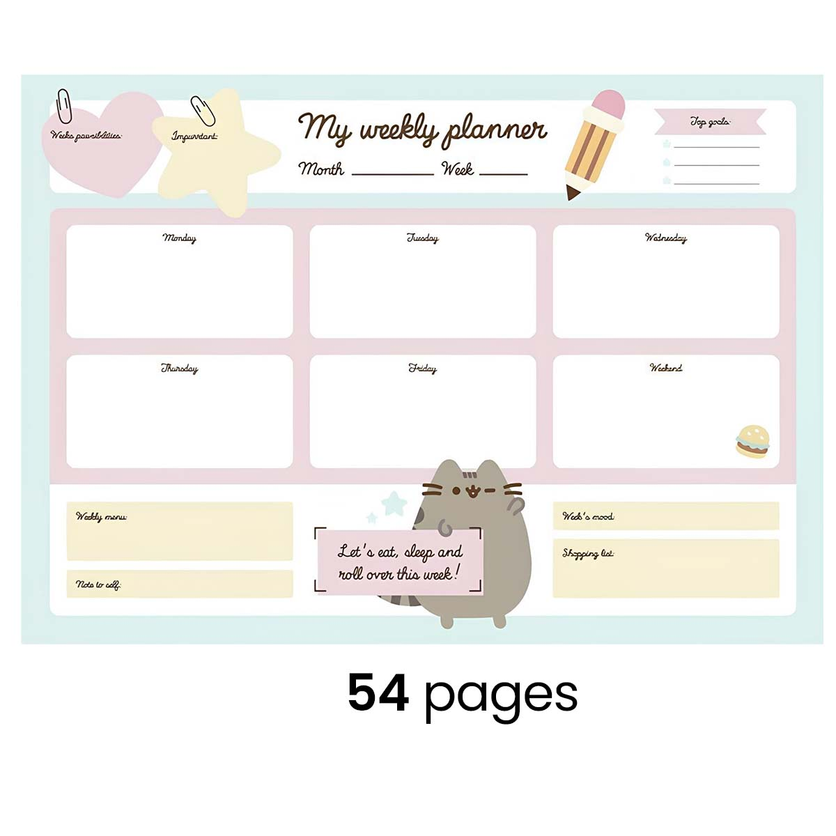 Wochenplaner mit Pusheen-Katze, Notizfeldern für Tage, Ziele, Menü & Einkaufsliste.