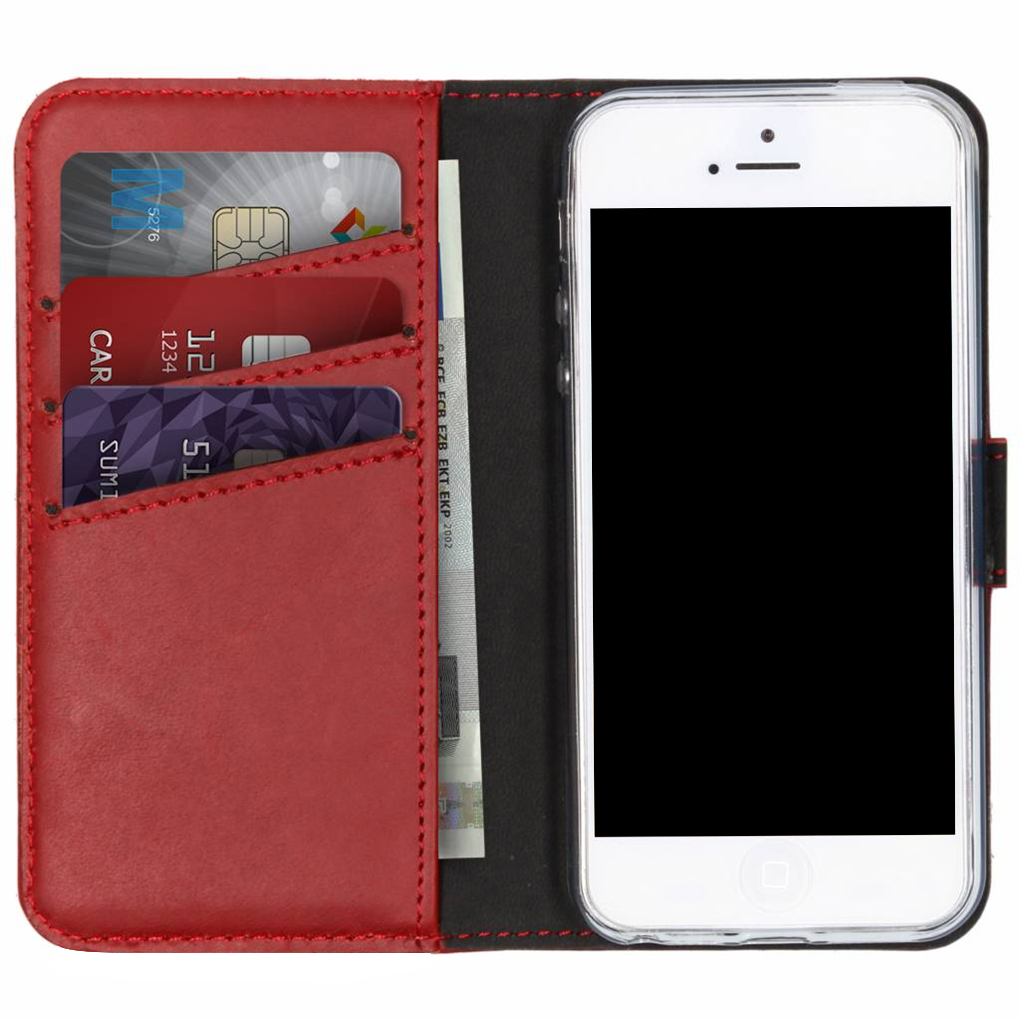 Custodia rossa a portafoglio aperta con carte di credito e telefono. Schermo nero.