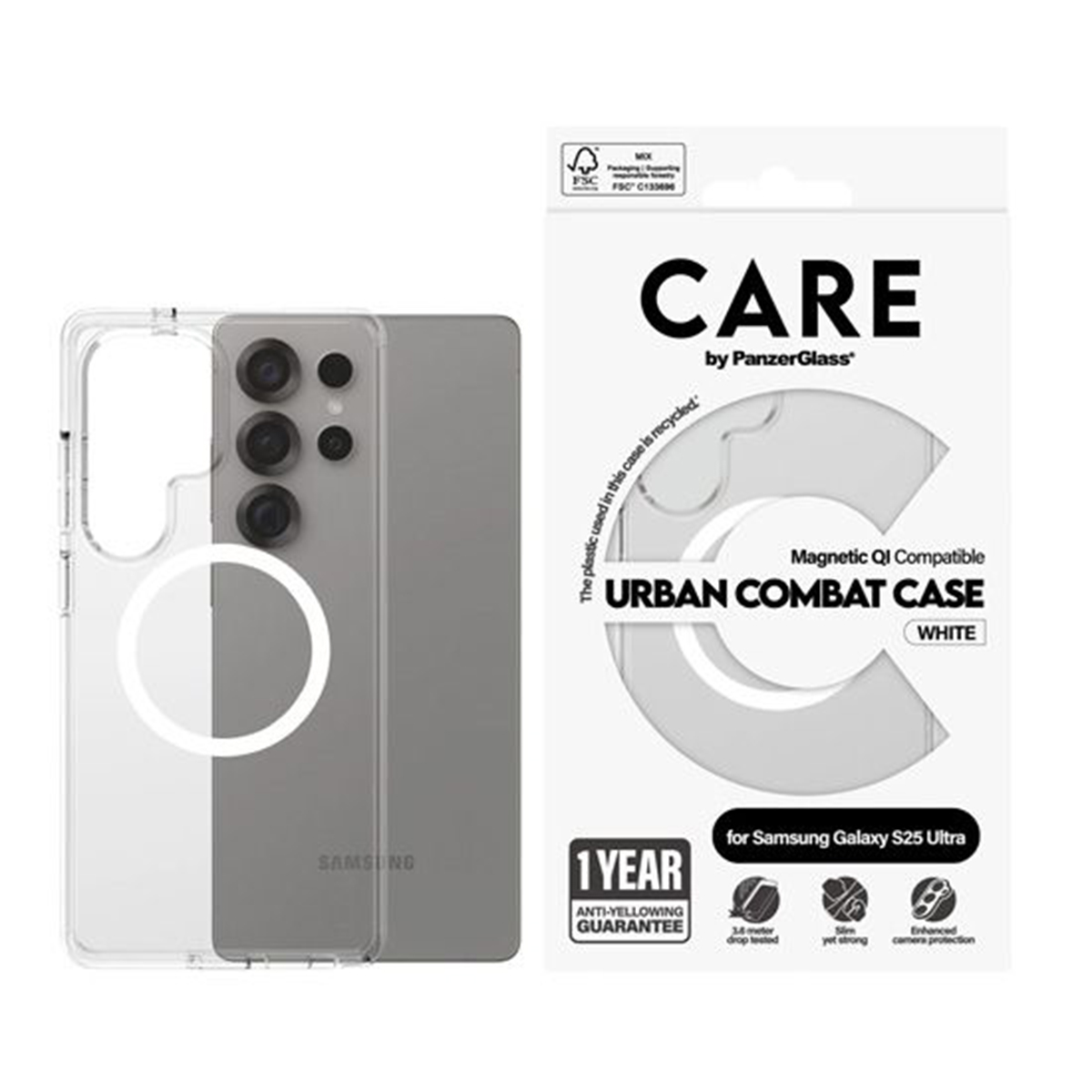 Samsung Galaxy S25 Ultra için Manyetik QI uyumlu şeffaf kılıf. Ürün detayları içeren ambalaj.