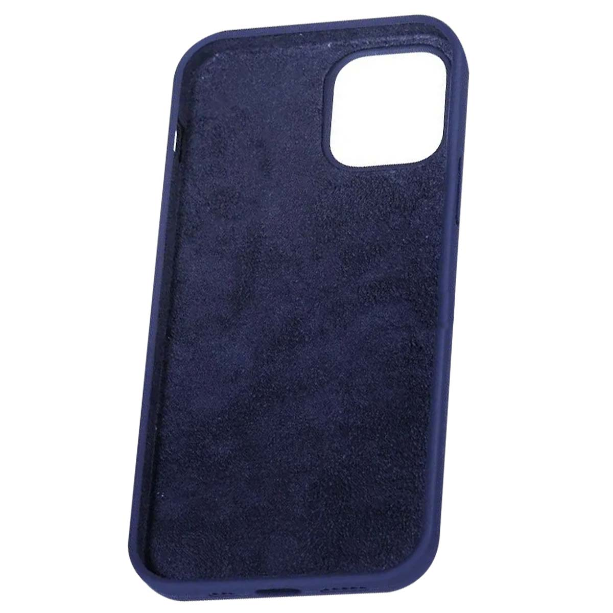 Custodia blu scuro per telefono con ritaglio per obiettivo fotocamera su sfondo bianco.