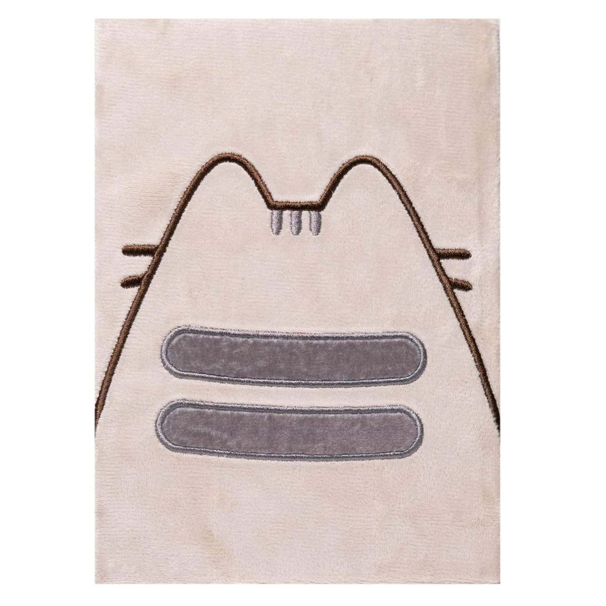 Ein hellbeiger Teppich mit dem Gesicht einer Katze in braunen und grauen Linien.