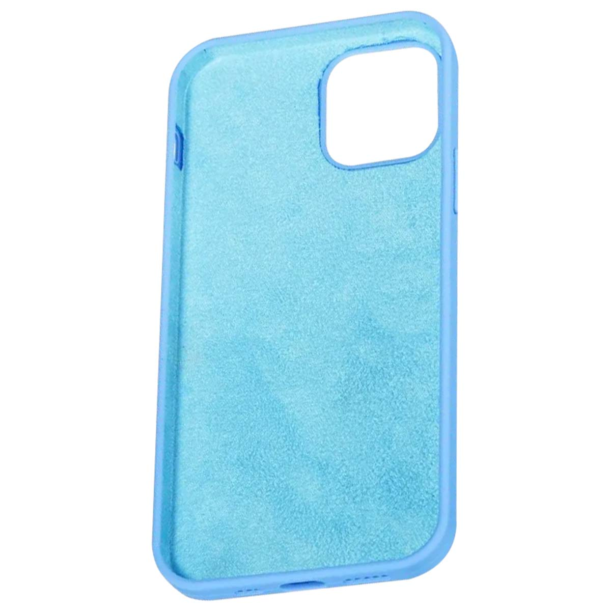Una cover azzurra per telefono con interno in velluto e foro per fotocamera.