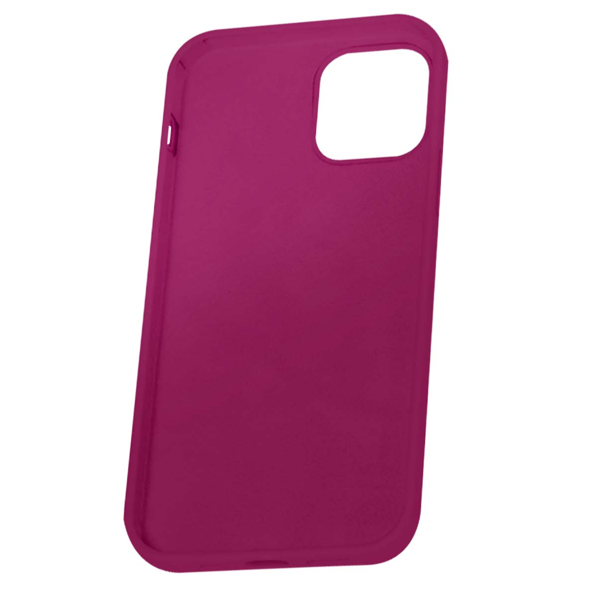 Una custodia per telefono in silicone magenta per iPhone 12 Pro Max è mostrata su sfondo bianco, evidenziando colore e texture.