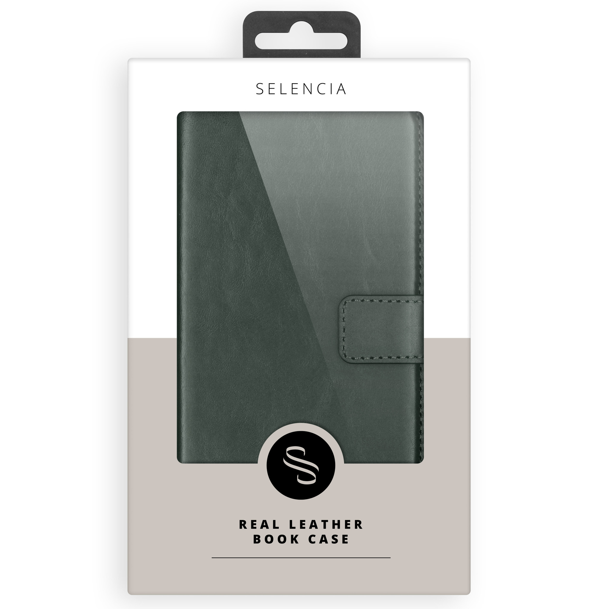 Custodia libro in pelle grigio scuro Selencia in confezione con logo.