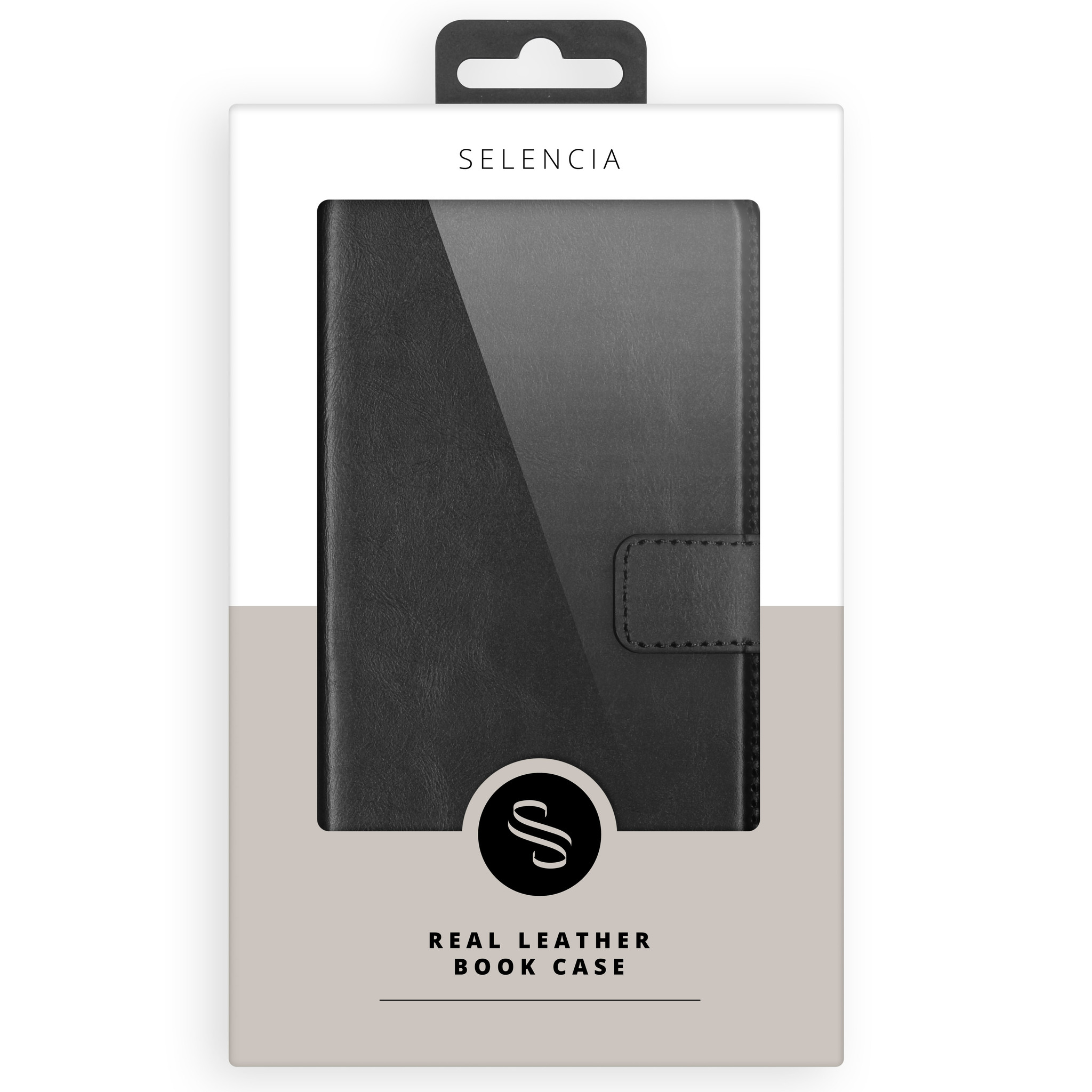 Zwarte leren boeketui met logo en tekst 'REAL LEATHER BOOK CASE'.