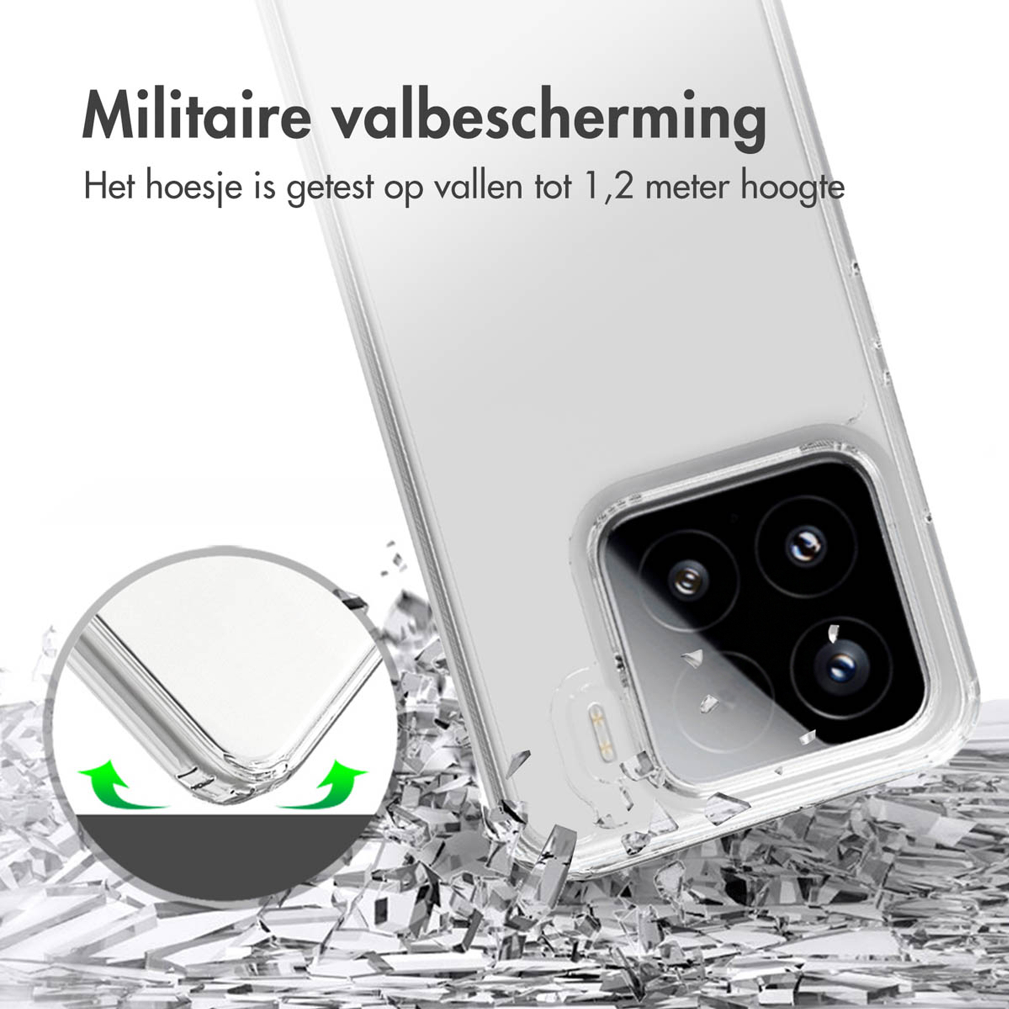 Custodia trasparente per telefono con protezione fotocamera su vetro infranto.