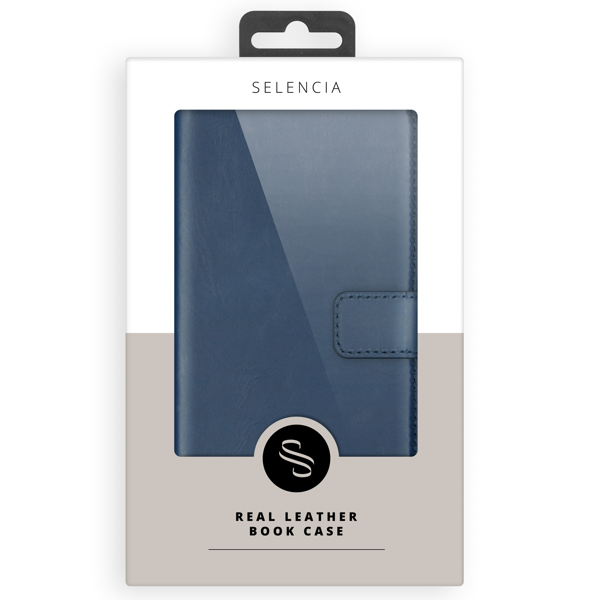 Confezione per custodia libro in pelle blu scuro con logo Selencia.