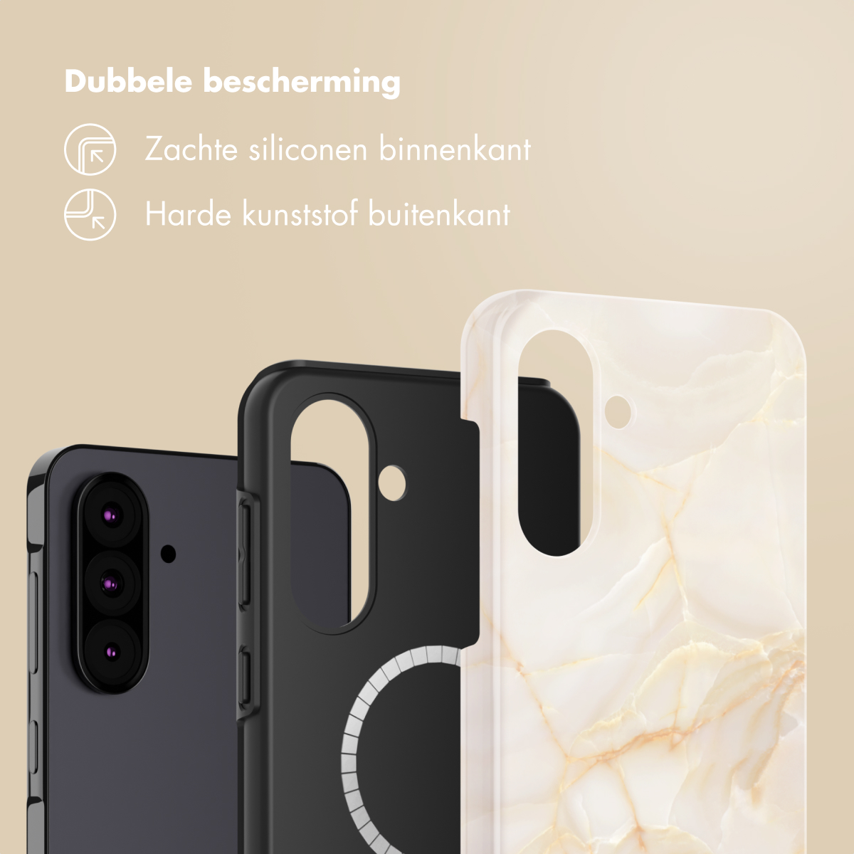 Tre custodie per telefono, una nera, una effetto marmo bianco e un retro scuro.
