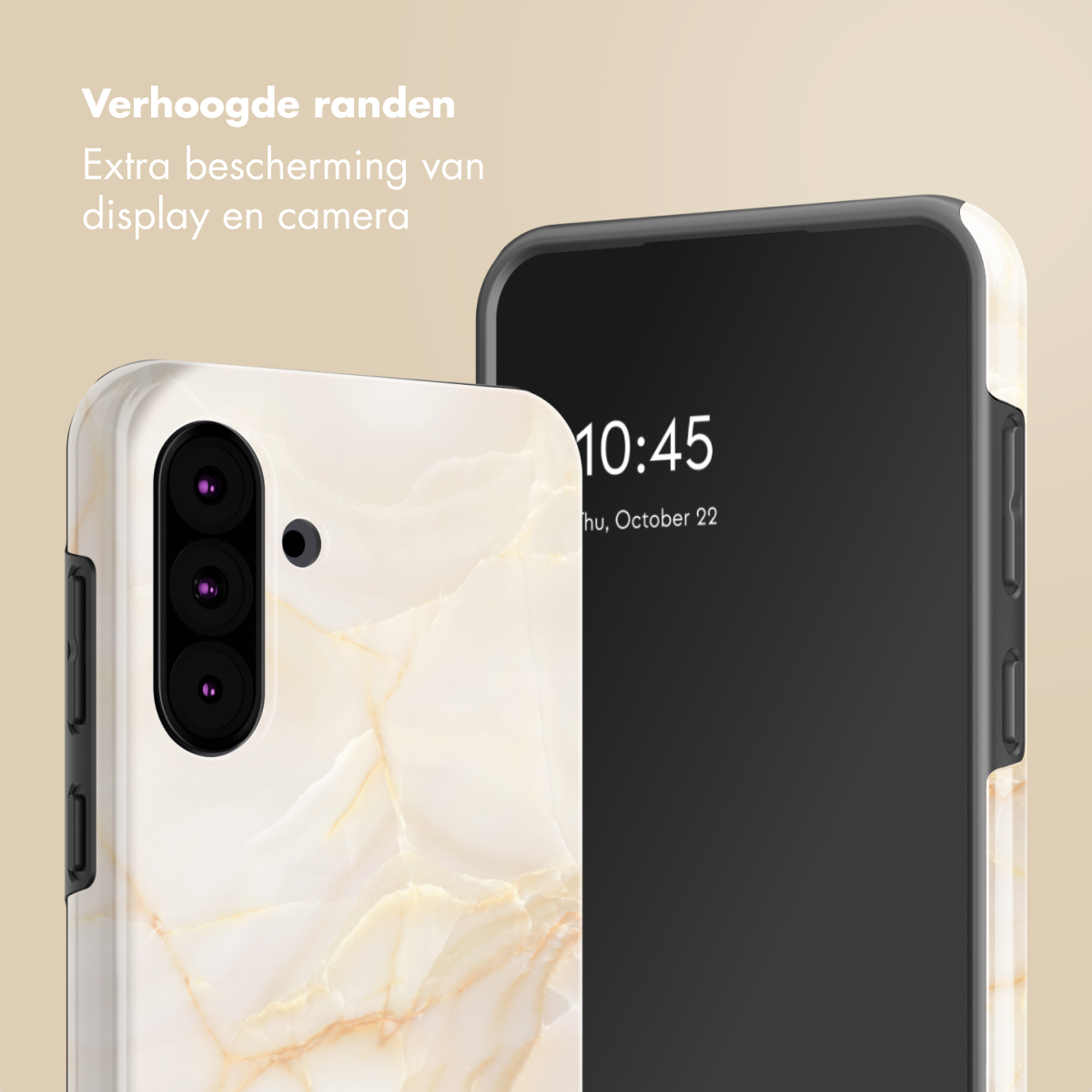 Una cover per telefono con motivo marmoreo accanto a uno smartphone che mostra le 10:45.