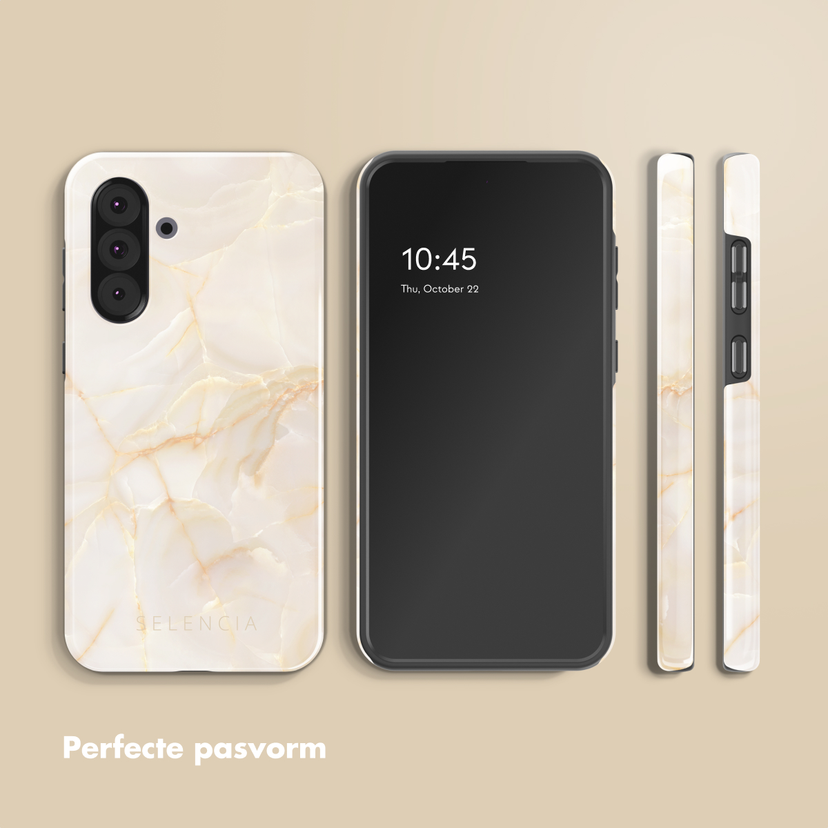 Uno smartphone con custodia in marmo e schermo nero, mostrato di lato e di fronte.