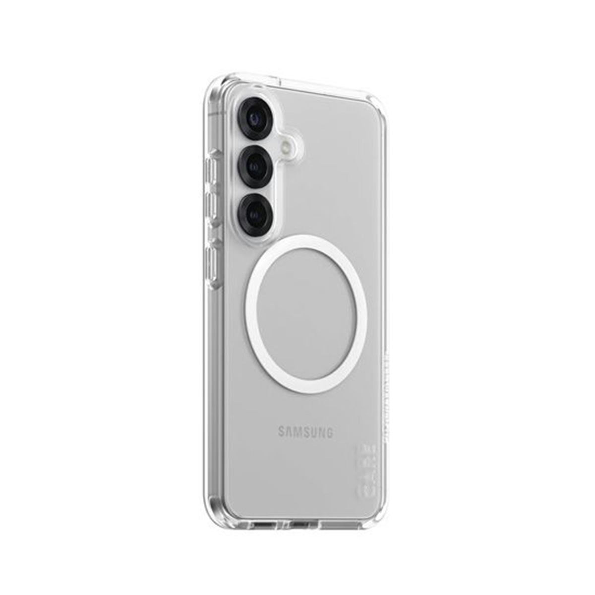 Custodia trasparente per telefono con tre fotocamere e anello, logo Samsung.