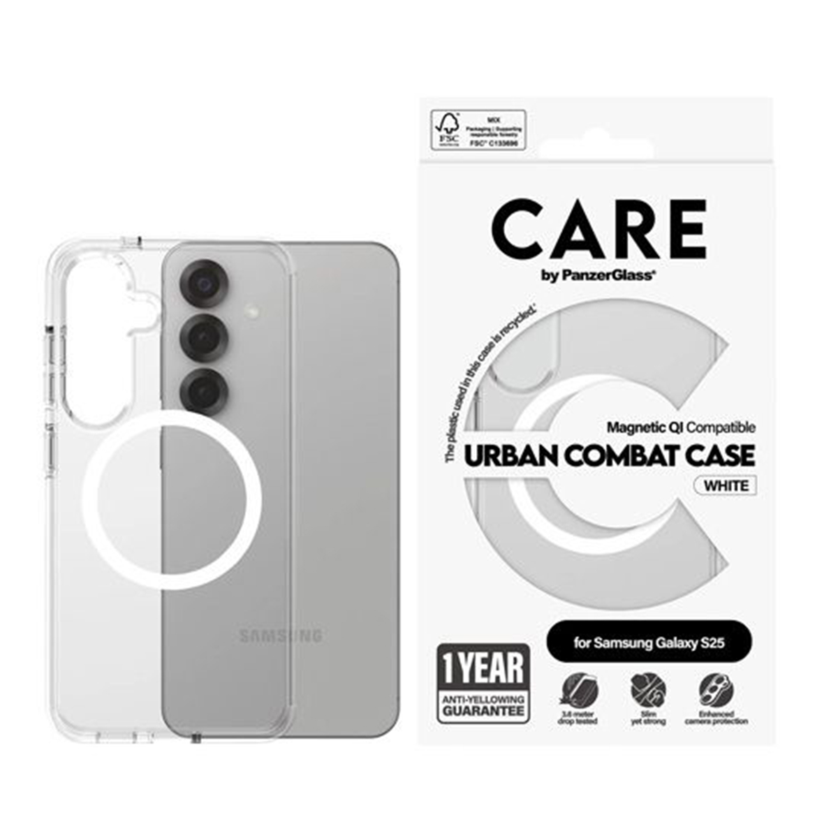 Una custodia trasparente per Samsung S25 accanto alla sua confezione.