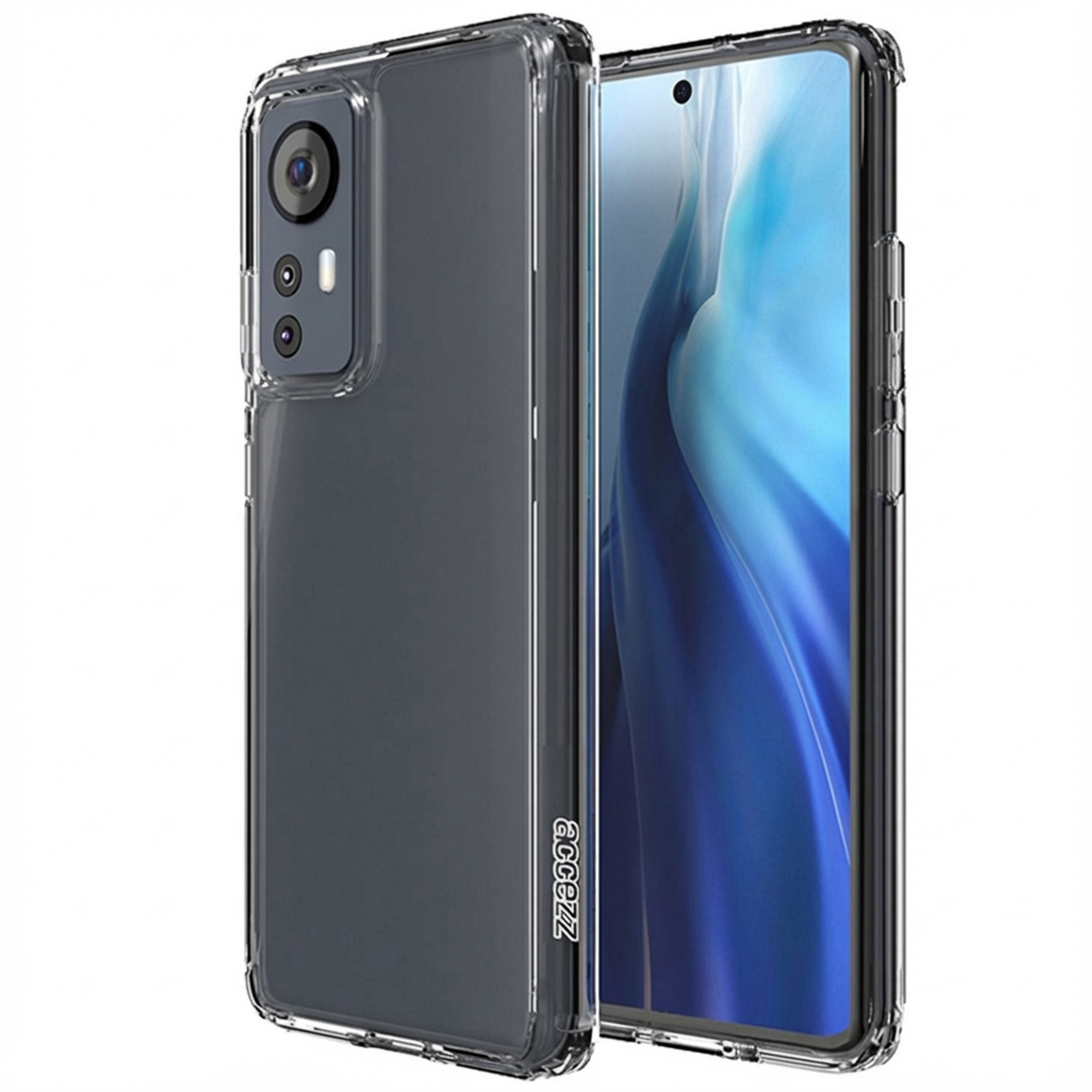 Una custodia trasparente per telefono con ritaglio fotocamera e sfondo blu.