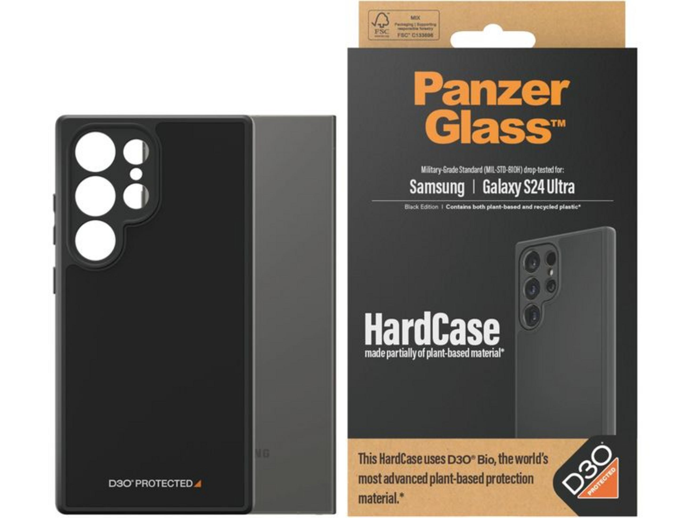 Custodia nera Panzer Glass per Samsung Galaxy S24 Ultra, in materiale vegetale.